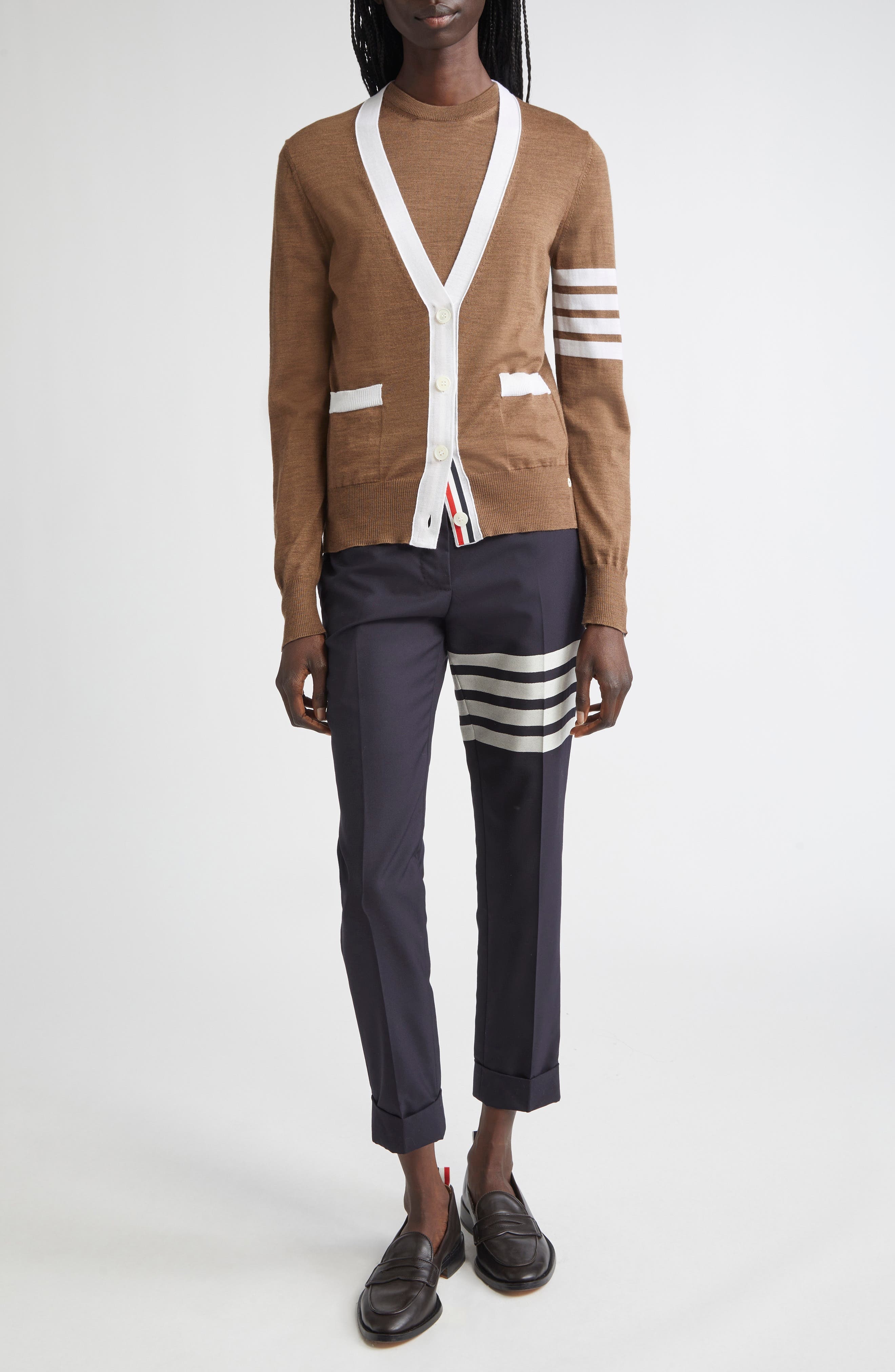 Thom Browne 4-Bar Relaxed Fit V-Neck Virgin Wool Cardigan in Walnut at Nordstrom - 2