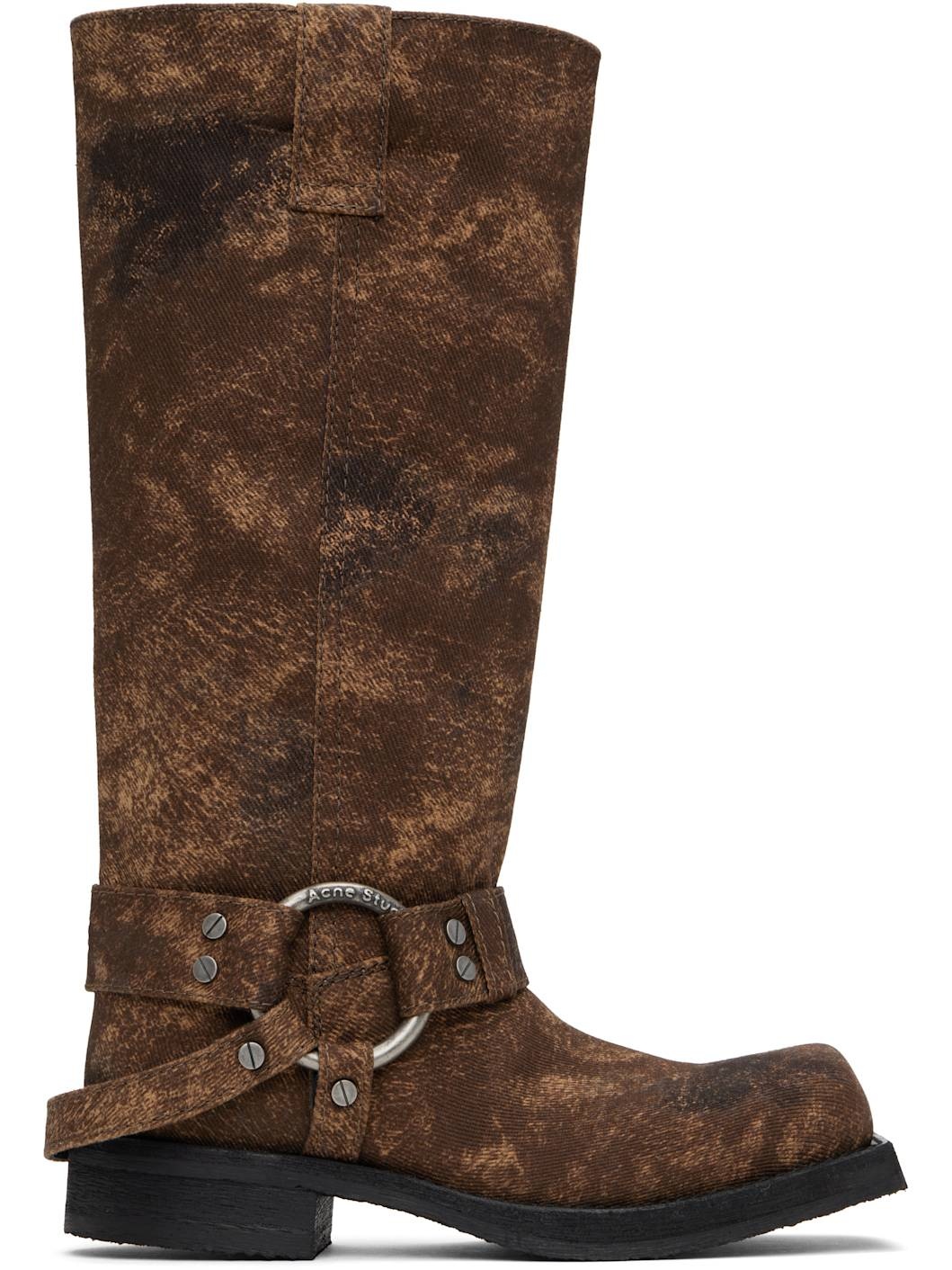 Brown Buckle Denim Tall Boots - 1