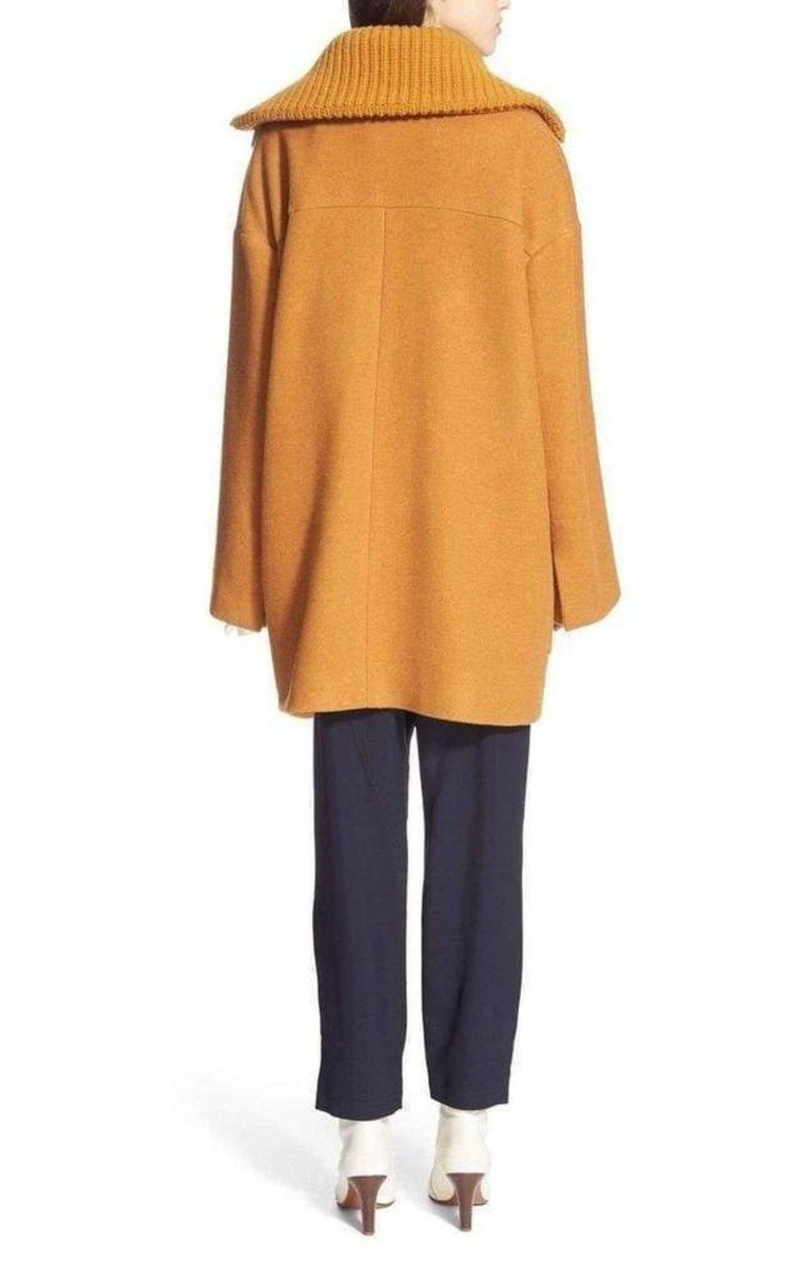 Rib Knit Collar Double Breasted Wool Coat - 4