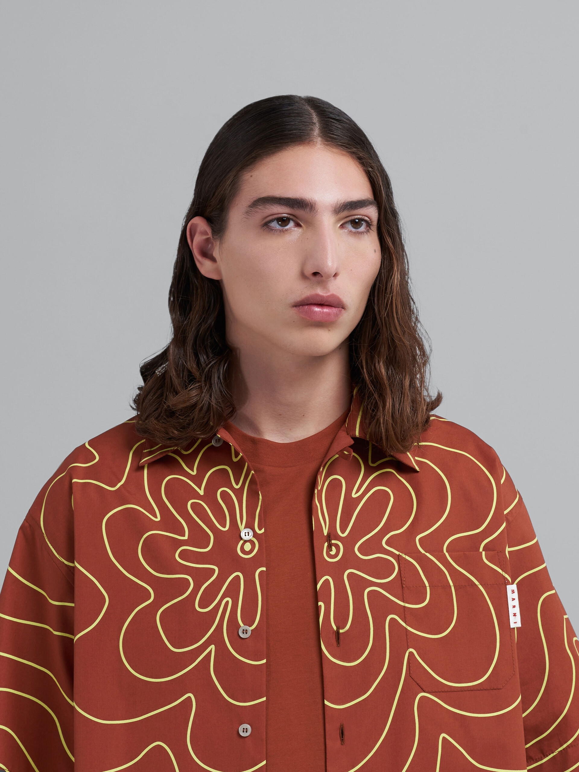 ORANGE BROWN VIBRATING FLOWER POPLIN BOWLING SHIRT - 4