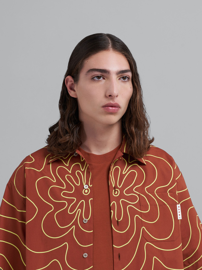 ORANGE BROWN VIBRATING FLOWER POPLIN BOWLING SHIRT 4