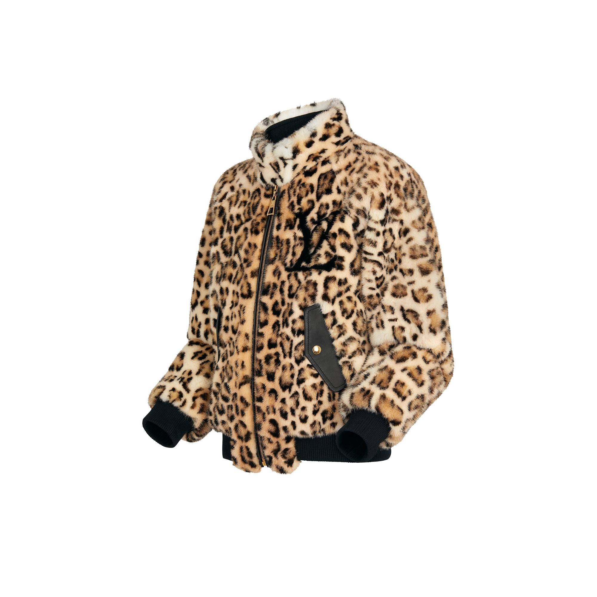 Leopard-Printed Mink Bomber Jacket with LV Initials  - 2