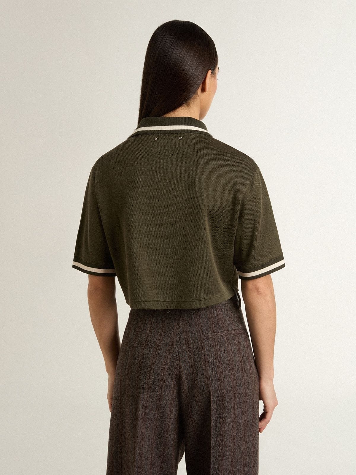 Women's cropped polo in military-green jersey with embroidery - 4