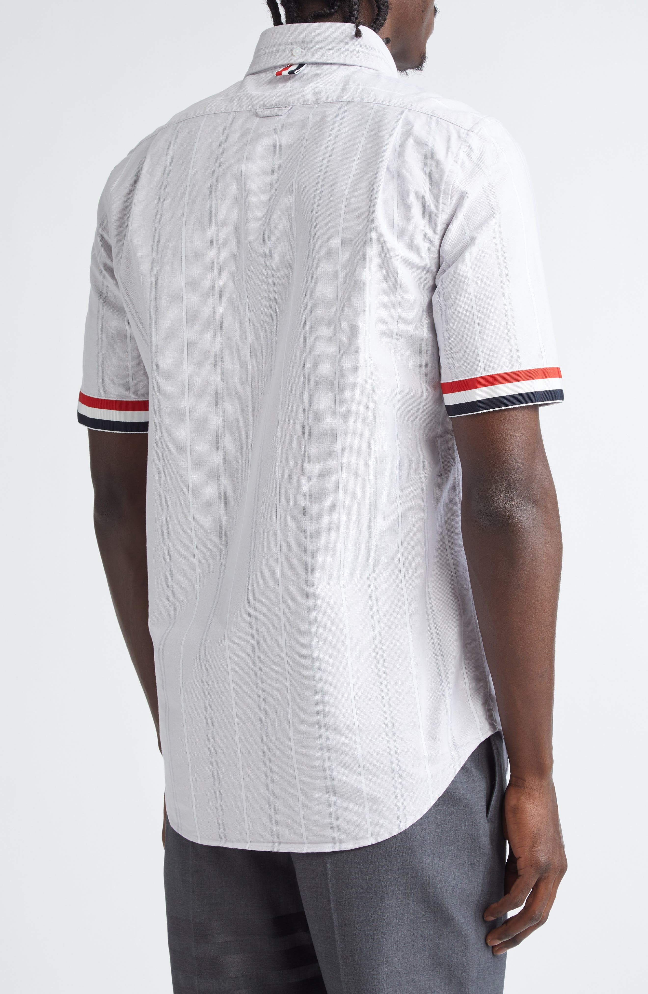 Thom Browne Straight Fit Stripe Short Sleeve Cotton Button-Down Shirt in Medium Grey at Nordstrom - 2
