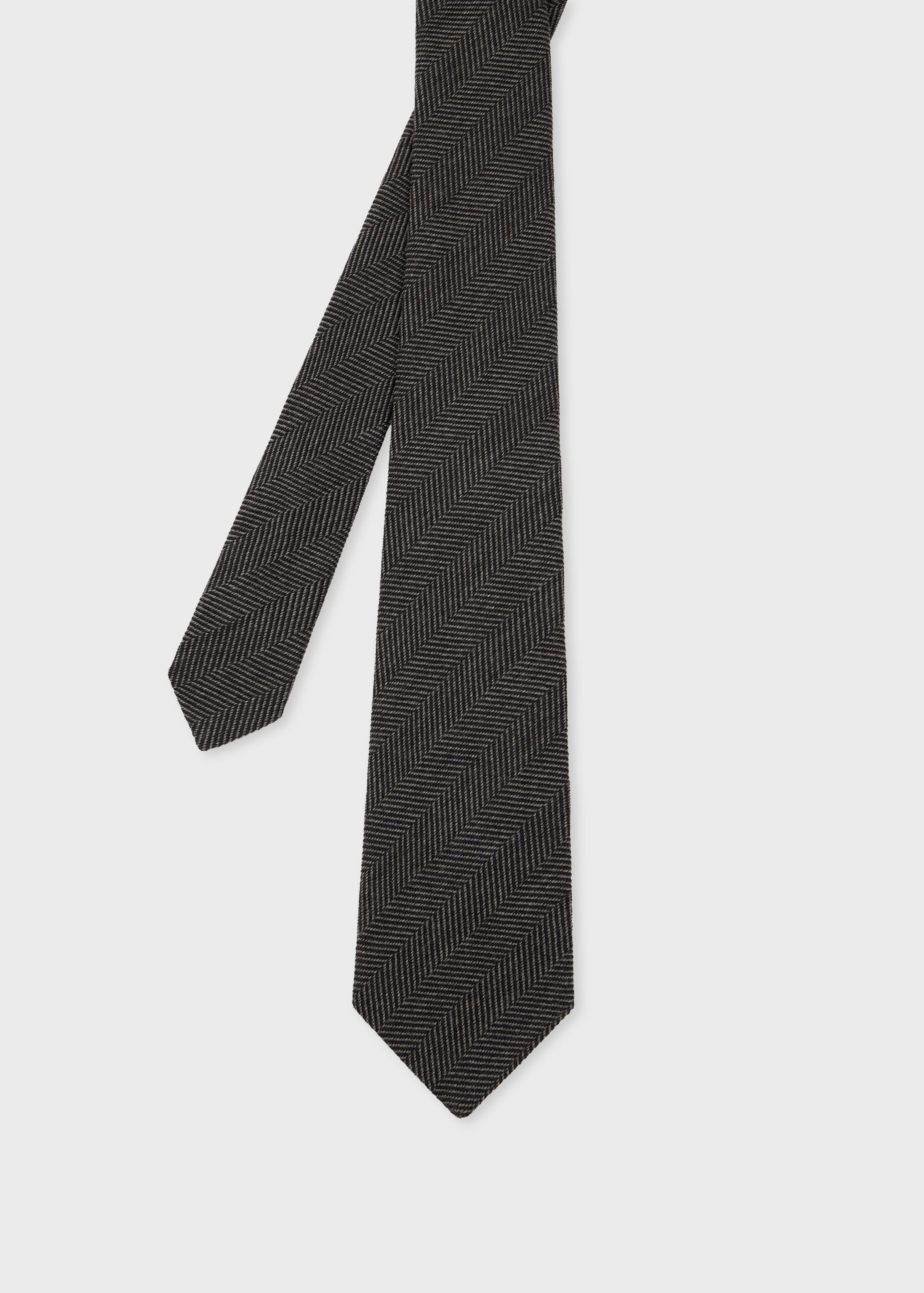 Black Wool-Silk Herringbone Tie - 1