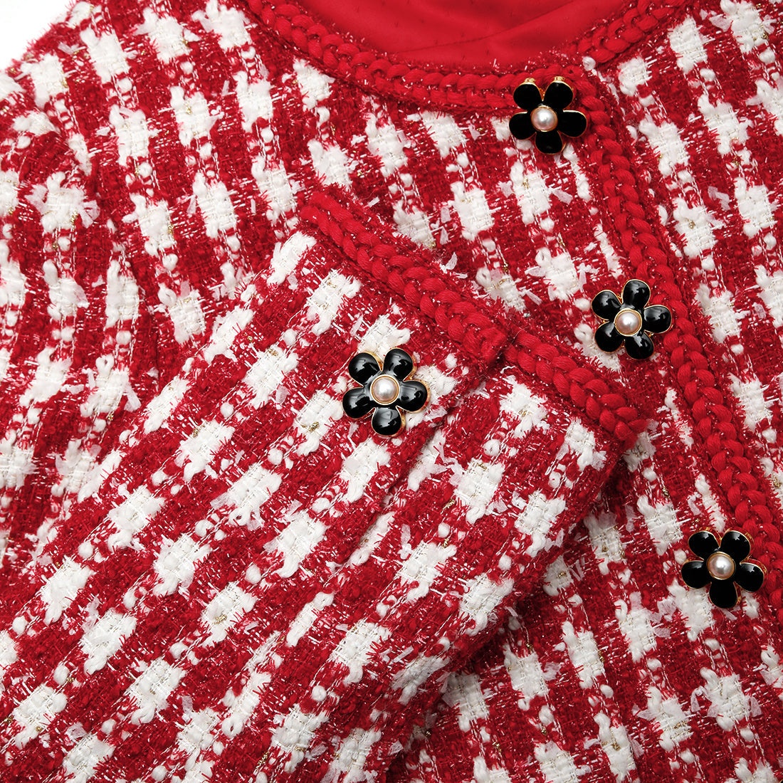 Red Check Boucle Cropped Jacket - 5