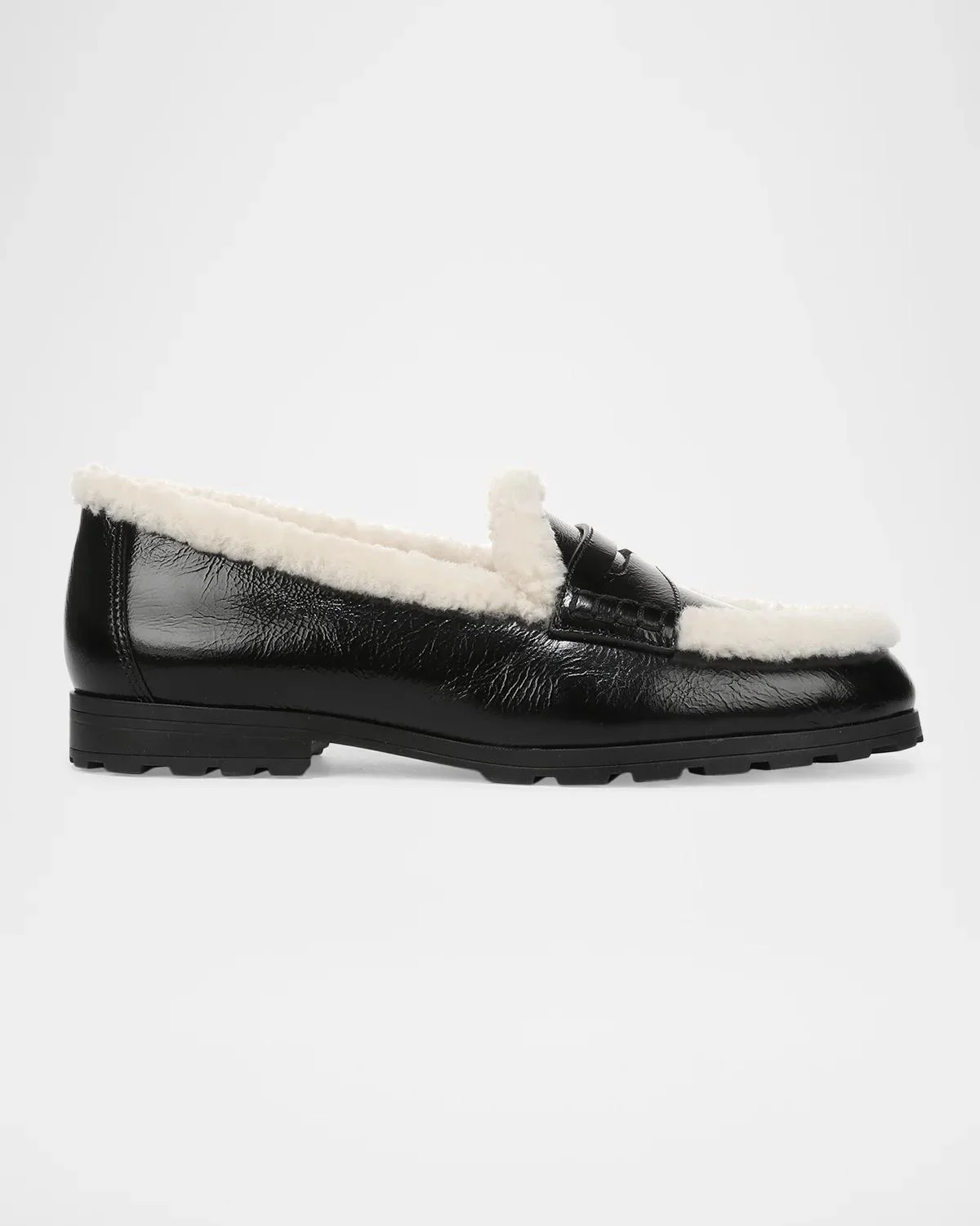 Shearling-Lined Patent Leather Penny Loafers - 1