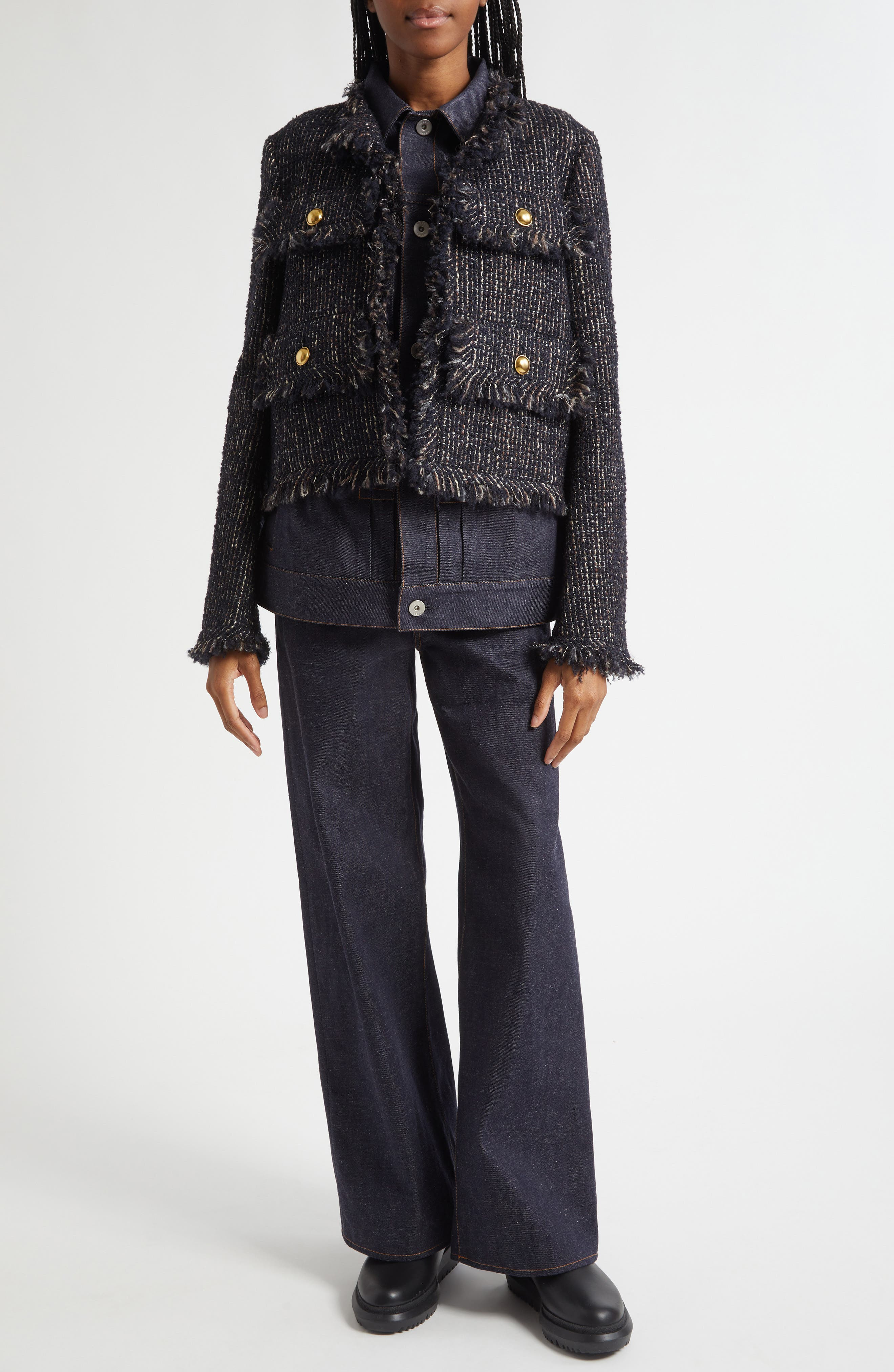 Sacai Tweed & Denim Layered Jacket in Navy/Indigo at Nordstrom - 2