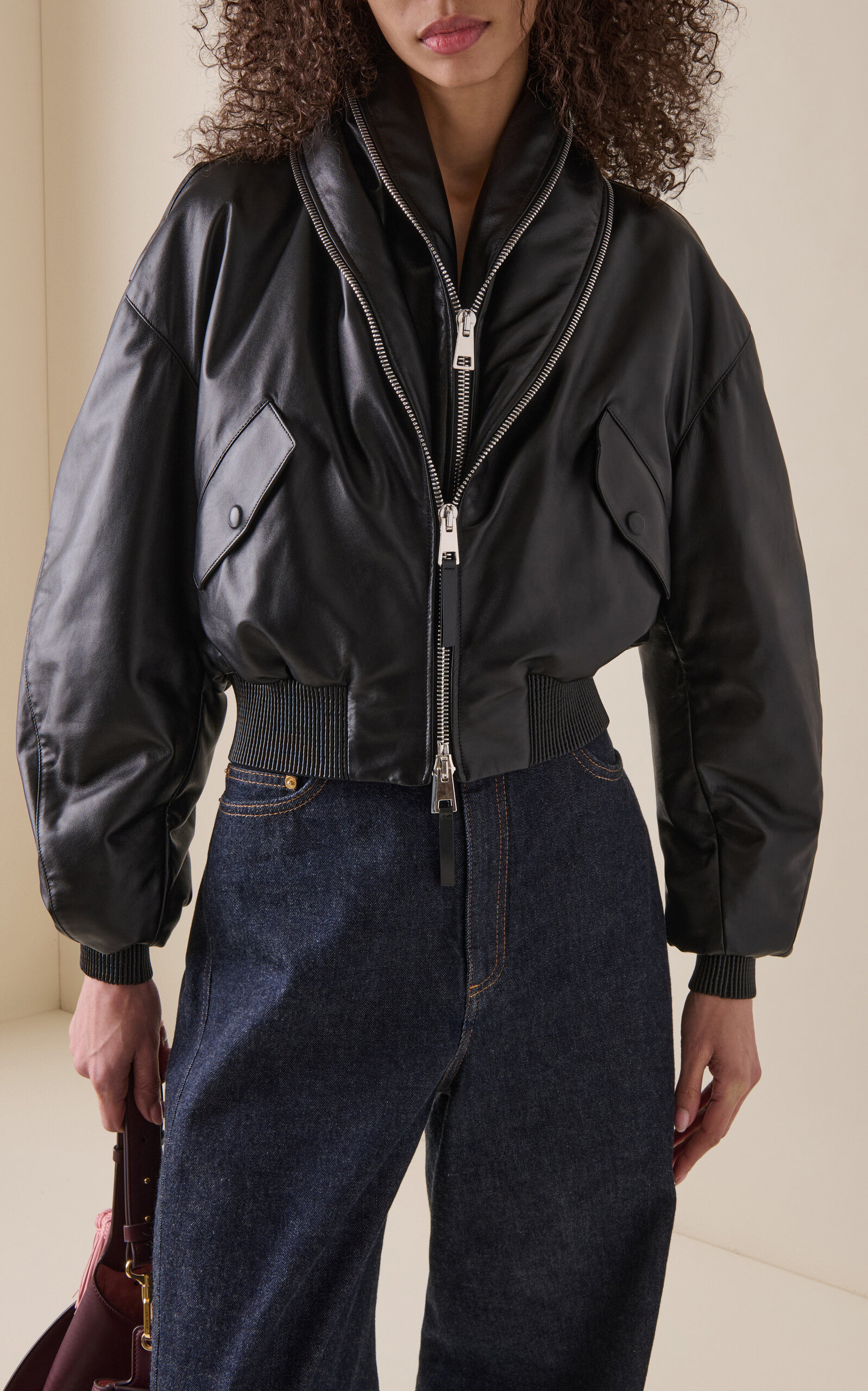 Layered Leather Bomber Jacket black - 2