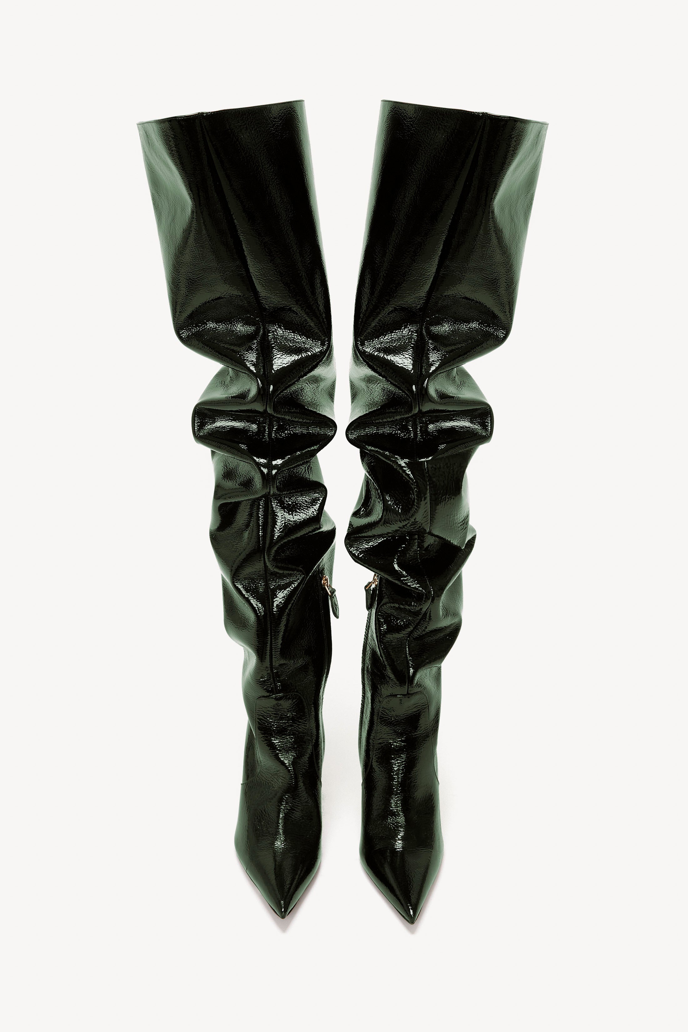Thigh High Pointy Boot in Dark Green Grained Patent - 4