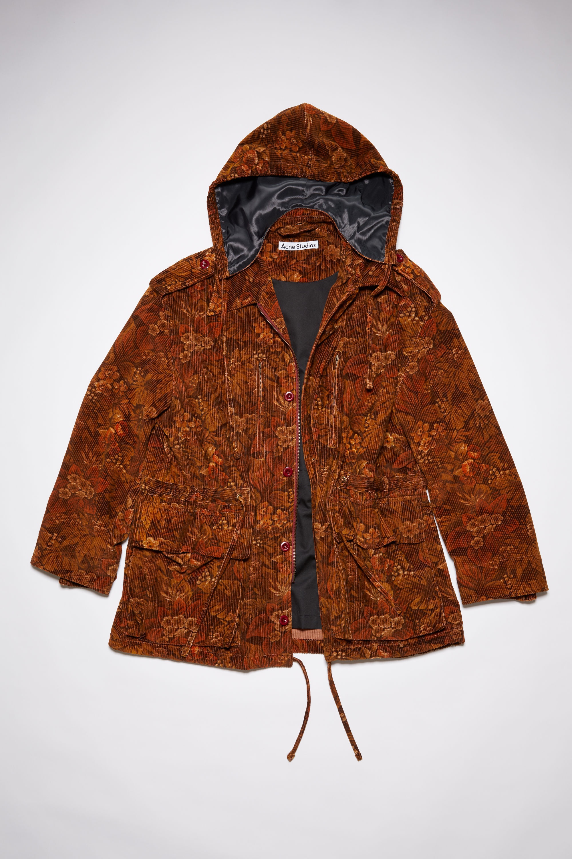 Flower print corduroy parka jacket - Rust red - 1