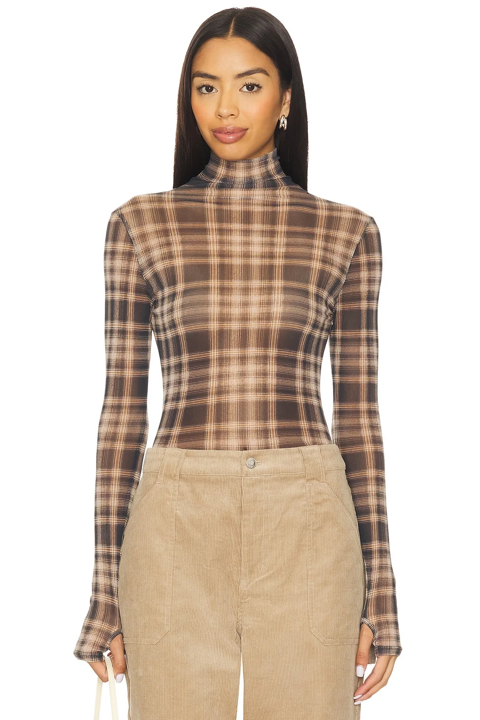 Plaid Mesh Long Sleeve Turtleneck Top - 1