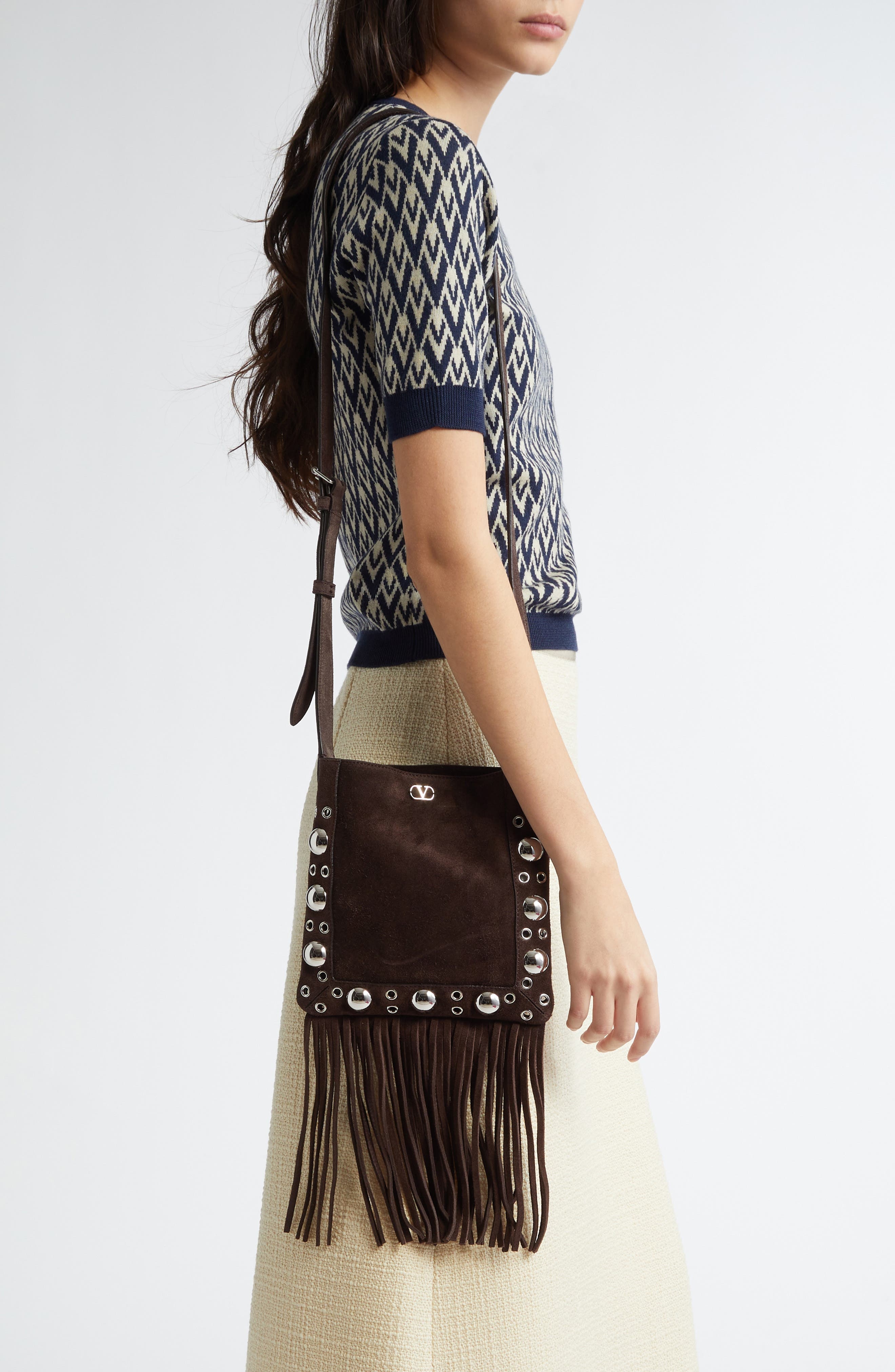Valentino Garavani Small Nellcôte Fringe Stud Suede Crossbody Bag in Brown at Nordstrom - 4