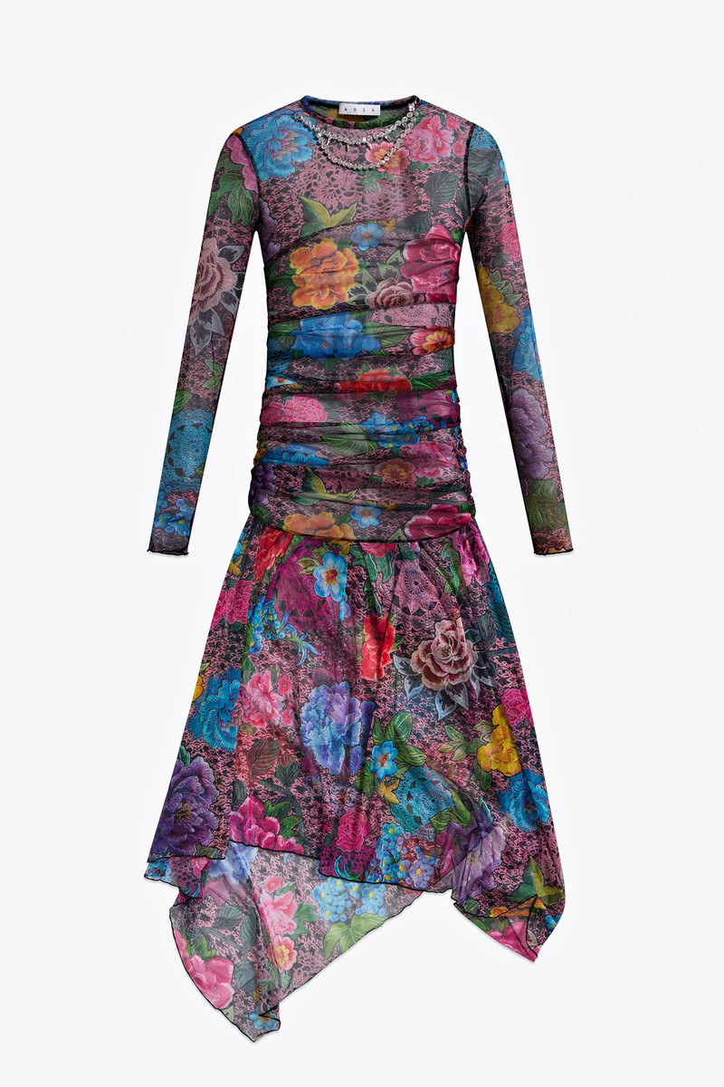 CRYSTAL EMBELLISHED PRINTED TULLE MIDI DRESS 1