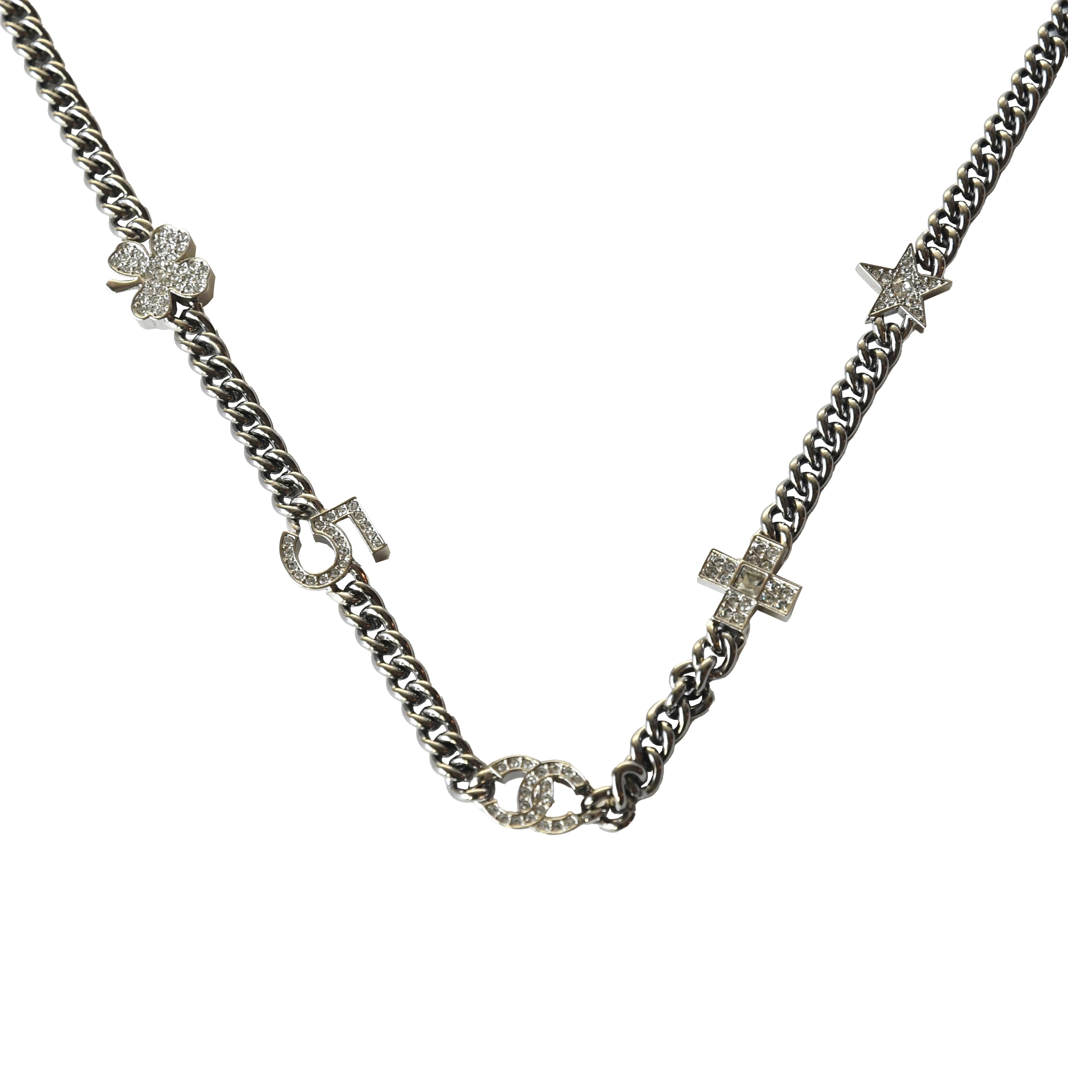 Chanel Crystal Strass Clover No.5 CC Mark Cross Star Necklace Silver - 2
