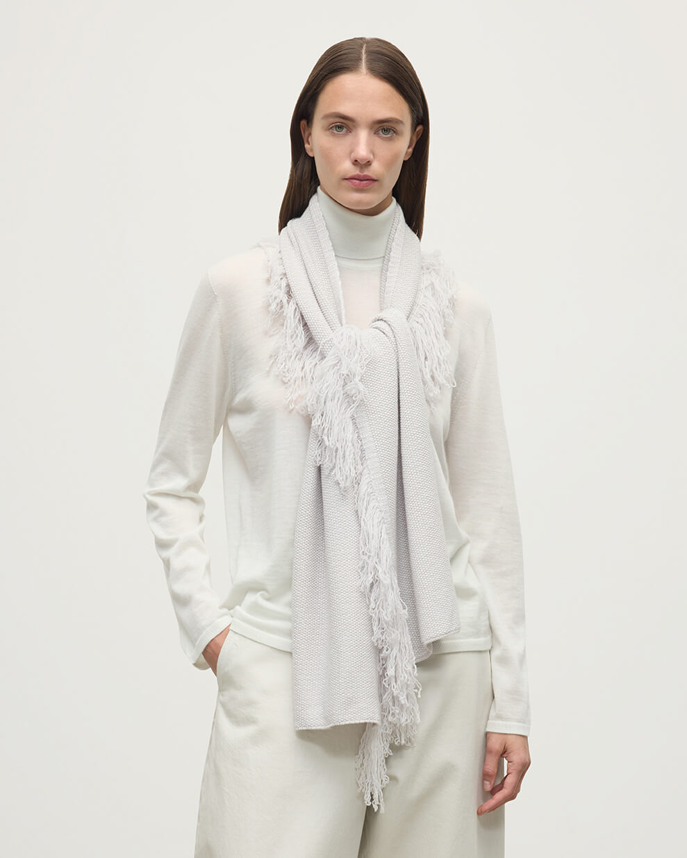 Fringed Cashmere White Scarf - 3