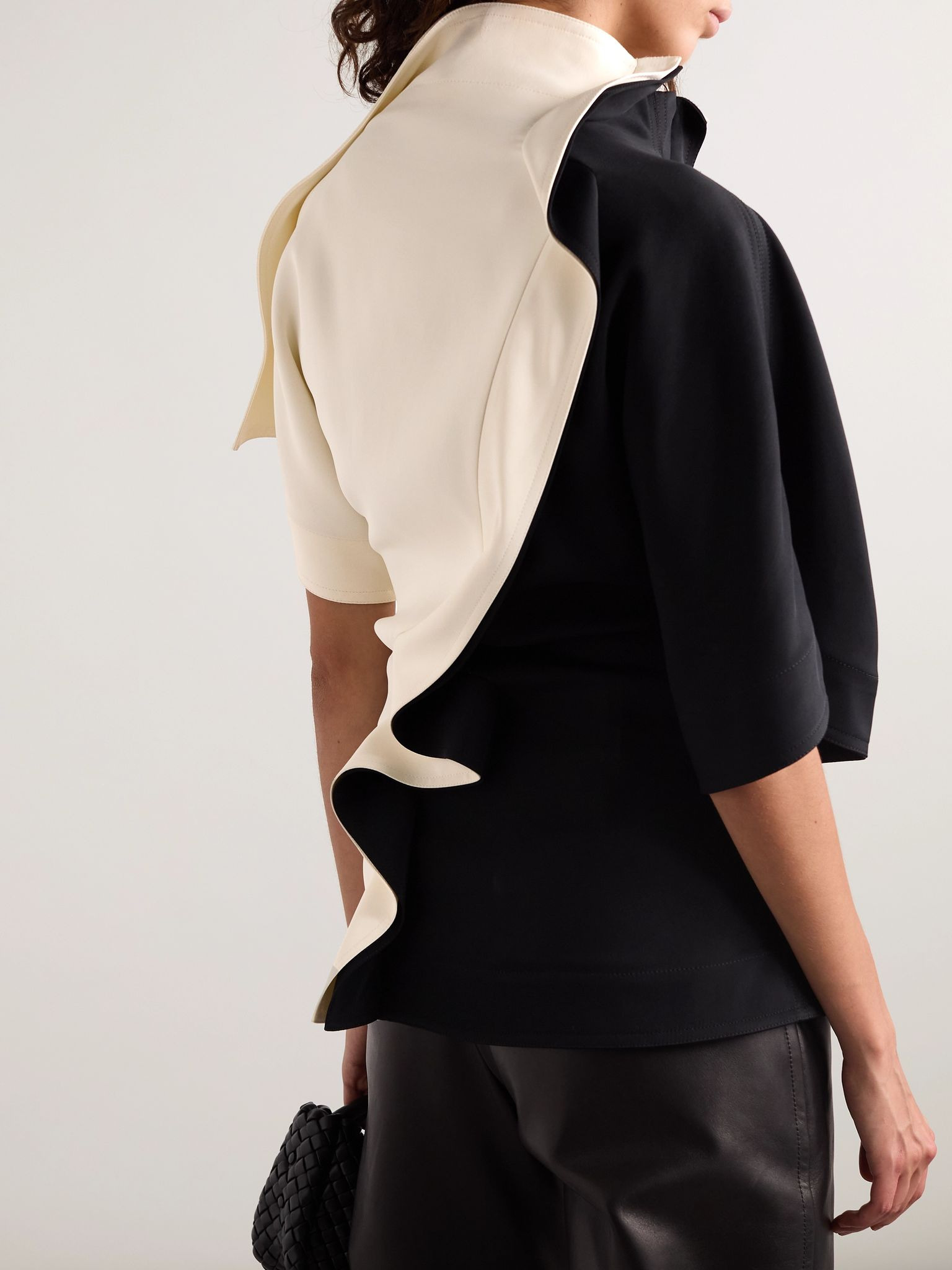 Embellished ruffled draped two-tone crepe top Neutral - 3