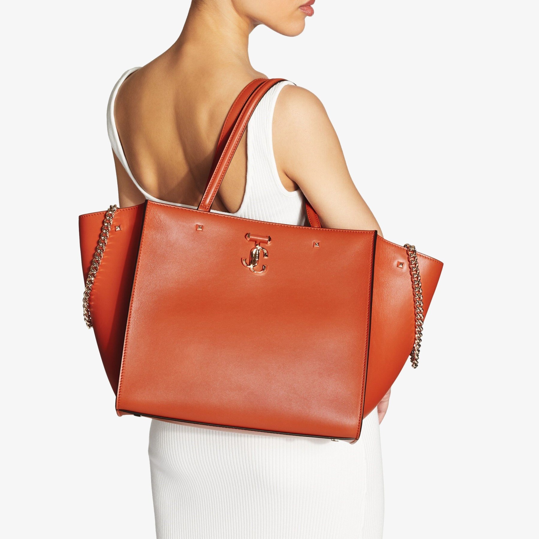 JIMMY CHOO Varenne Tote Bag Dark Amber Orange Fine Shiny Calf 