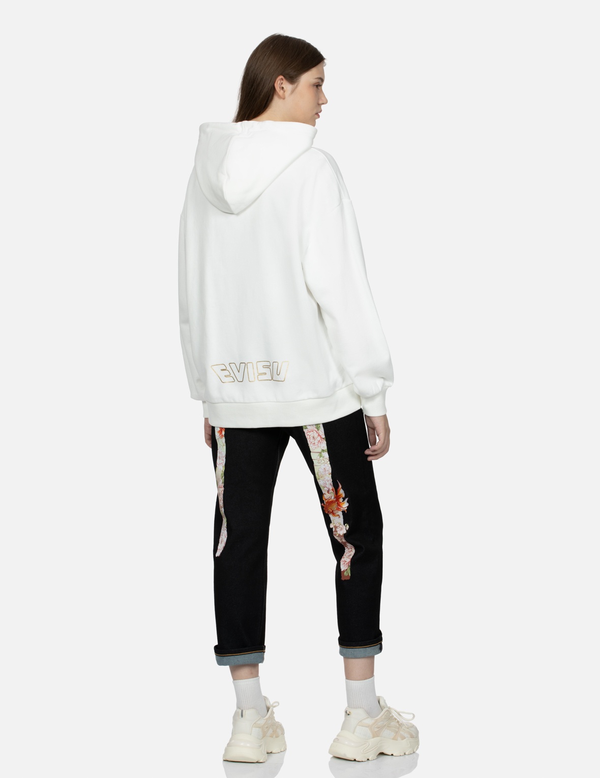 EMBROIDERY GOLDFISH AND FLORAL FLOW BRUSHSTROKE DAICOCK PRINT BOYFRIEND JEANS - 3