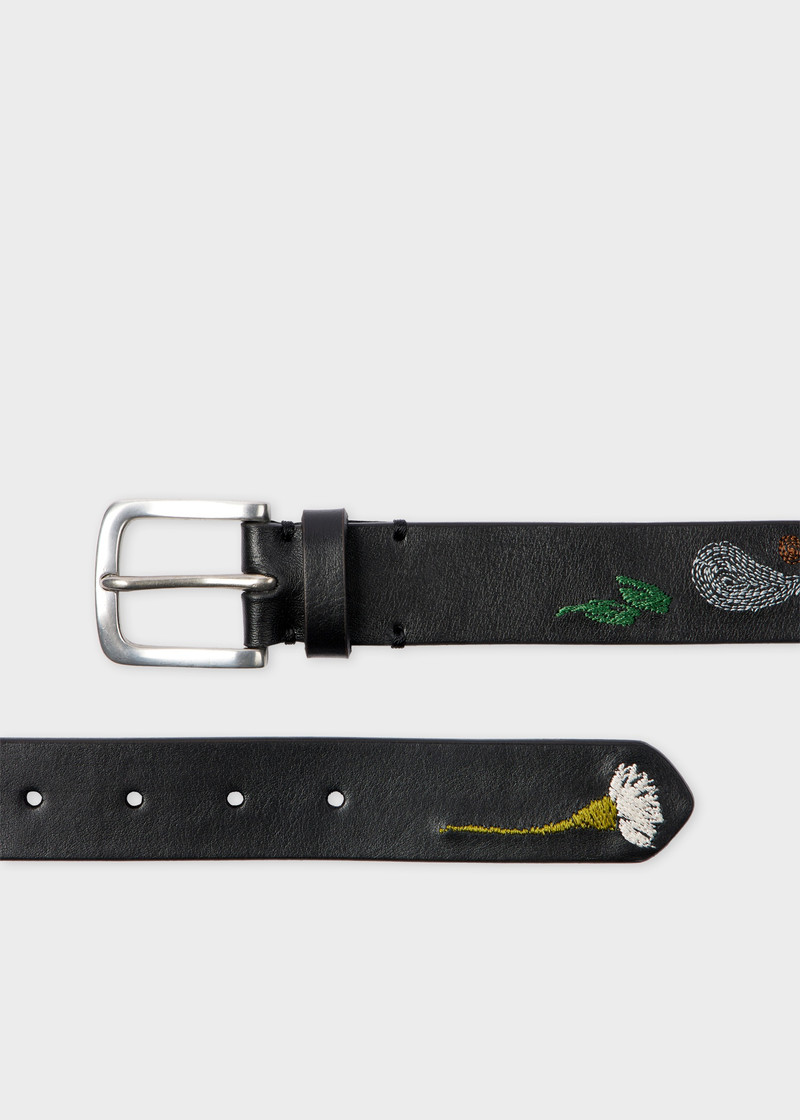 Black Leather 'Contrast Floral' Embroidery Belt 1