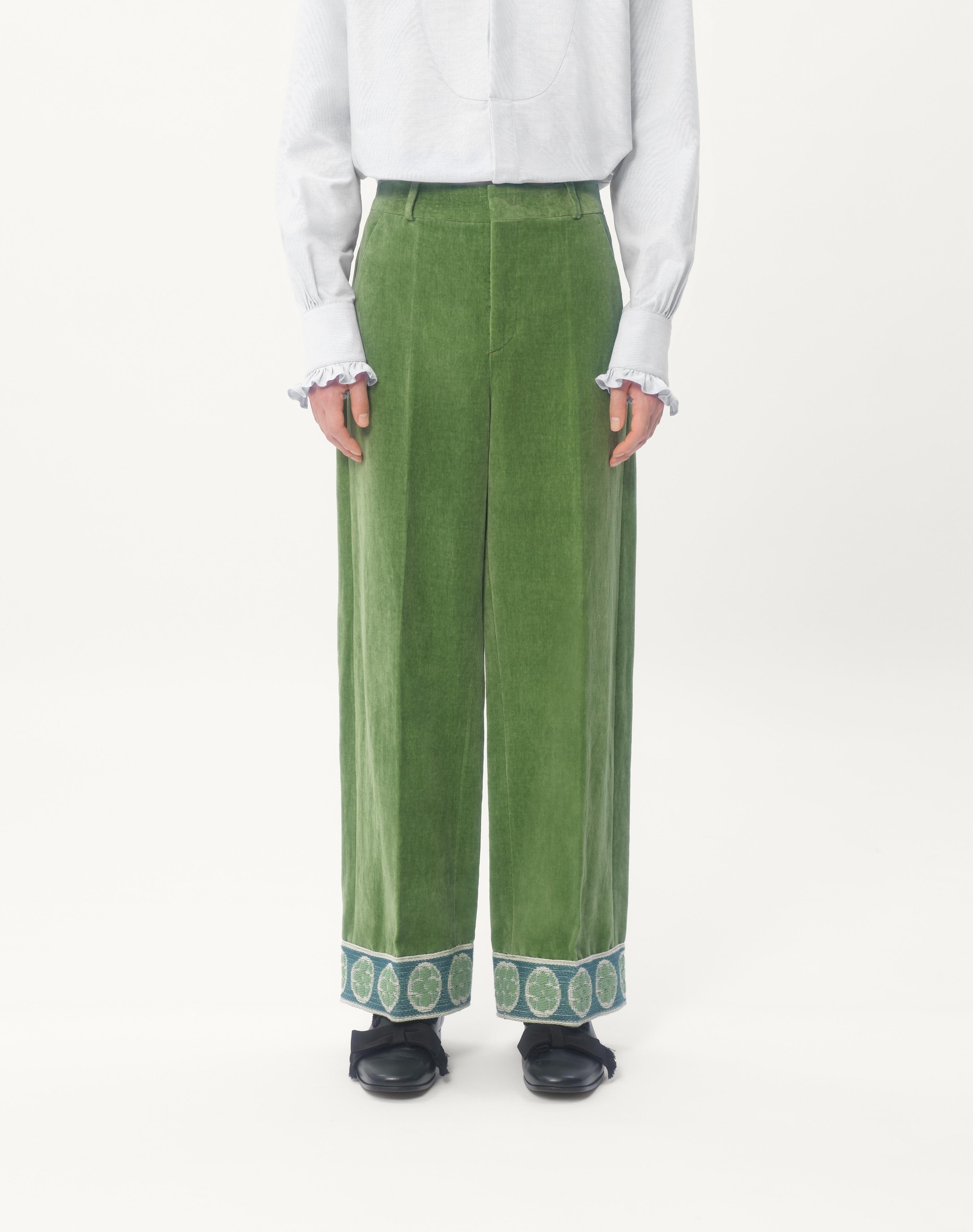 WASHED COTTON-LINEN VELVET PANTS WITH JACQUARD HEMS - 5