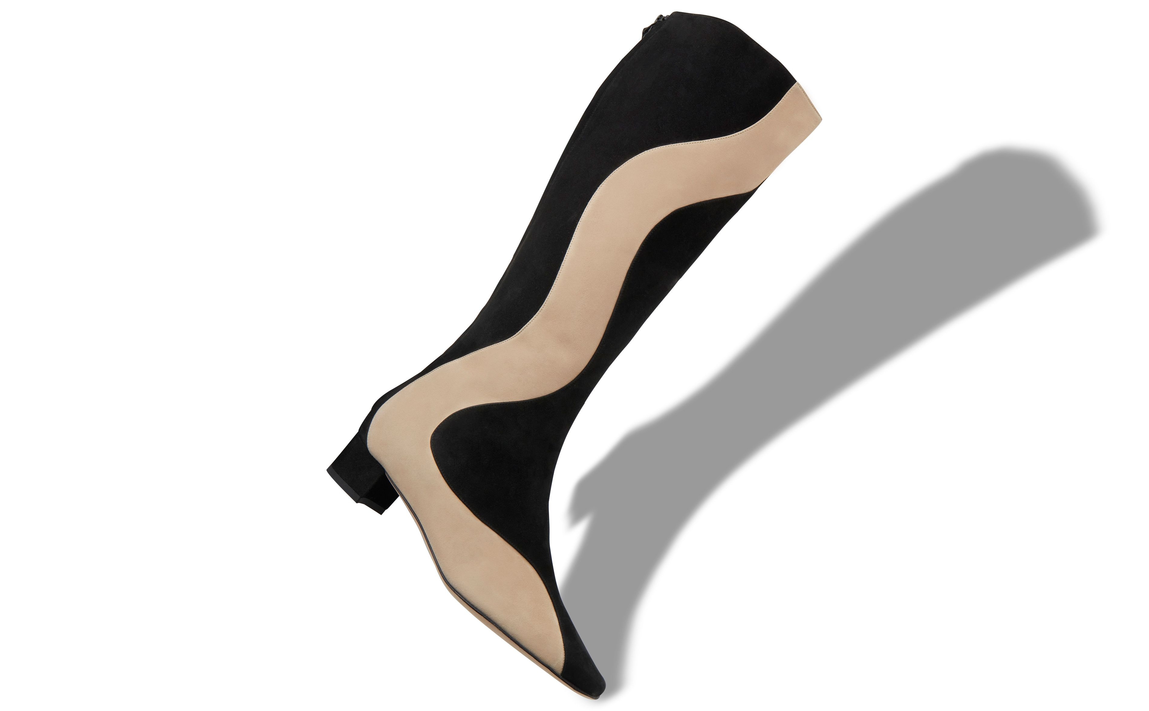Black and Beige Suede Knee High Boots - 2