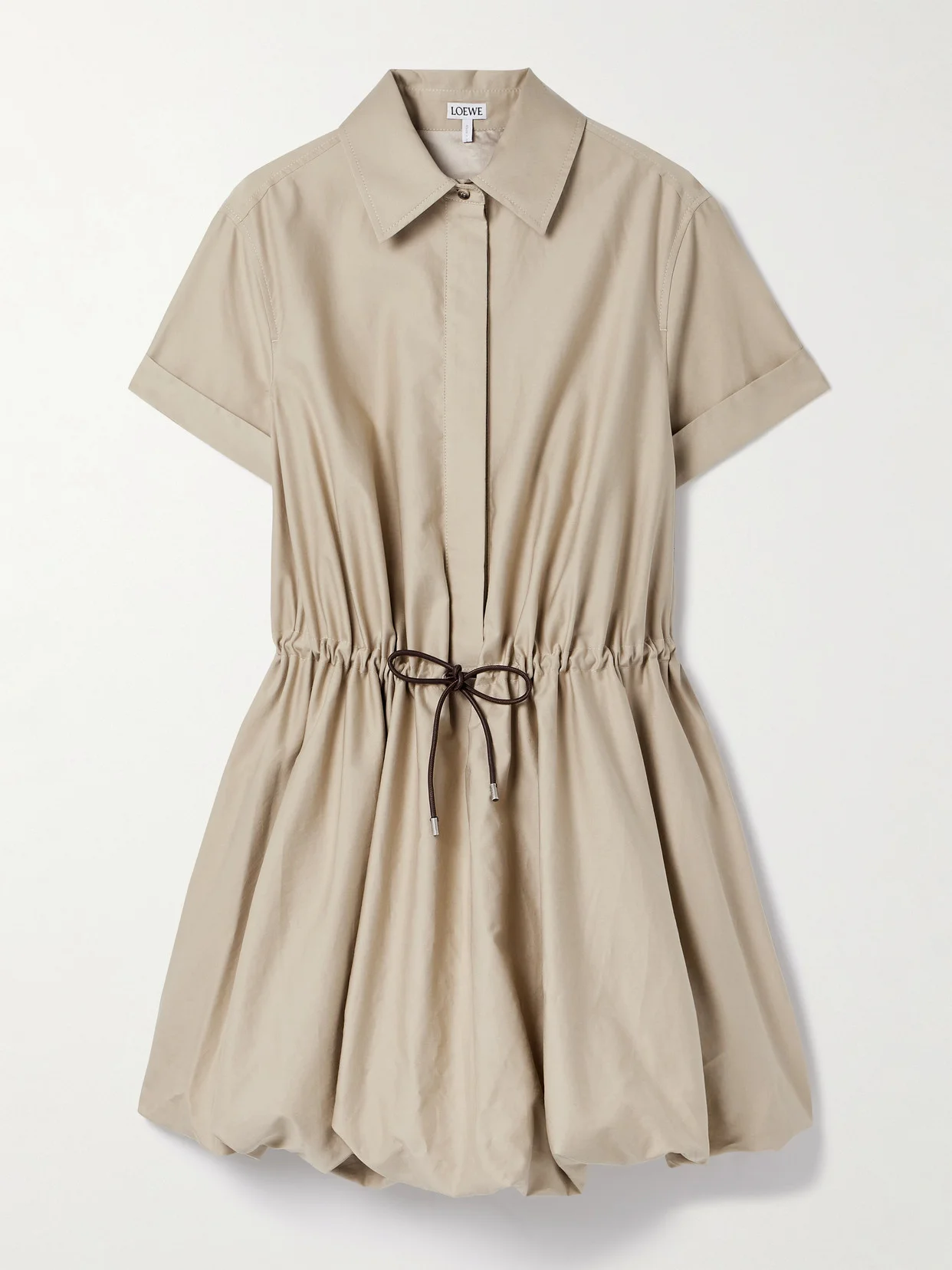 Leather-trimmed Gathered Cotton And Silk-blend Poplin Mini Shirt Dress - 1