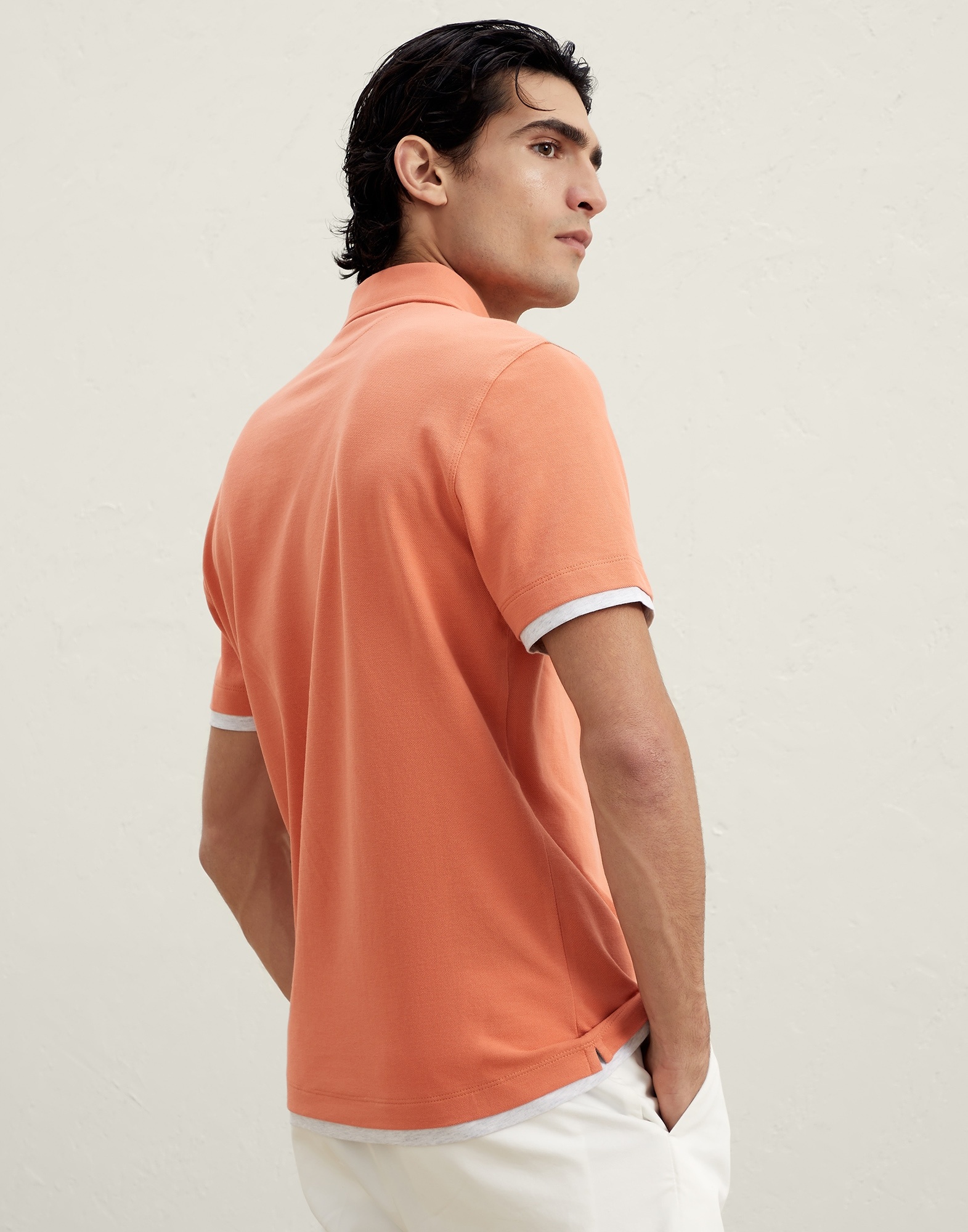 Cotton piqué slim fit polo with shirt-style collar and faux-layering - 2