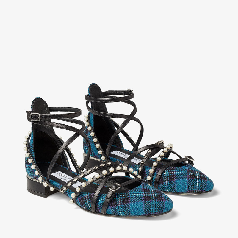 JIMMY CHOO CELESTIA25 チェック柄フラットパンプス JIMMY CHOO Celestia 25 Peacock Tartan Fabric Pumps with Pearls and