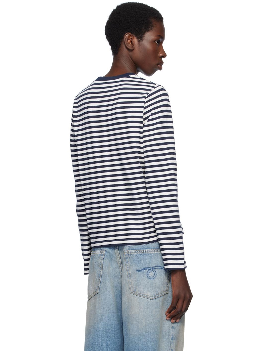 Navy & White Bold Fox Head Patch Multi Stripes T-shirt - 3