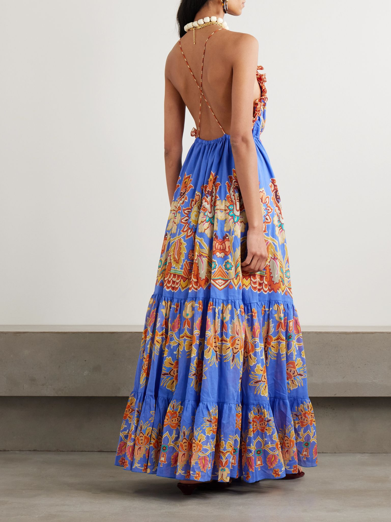 Ruffled tiered printed cotton-voile maxi dress Blue - 3