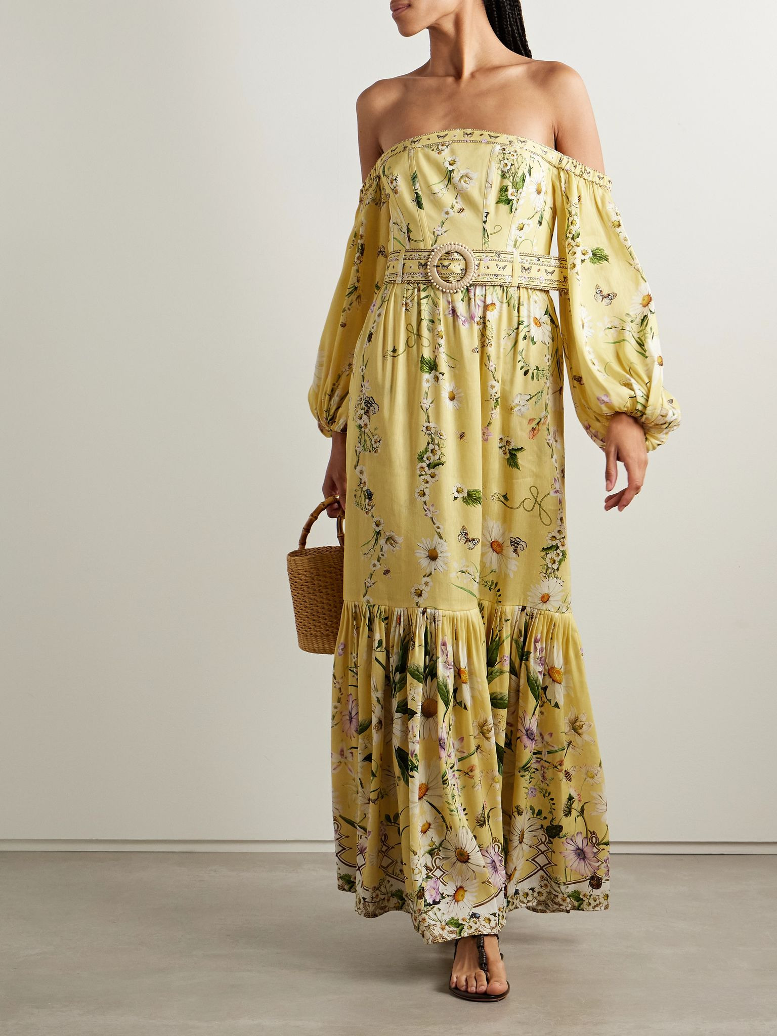 Off-the-shoulder gathered floral-print linen and silk-blend maxi dress Yellow - 2