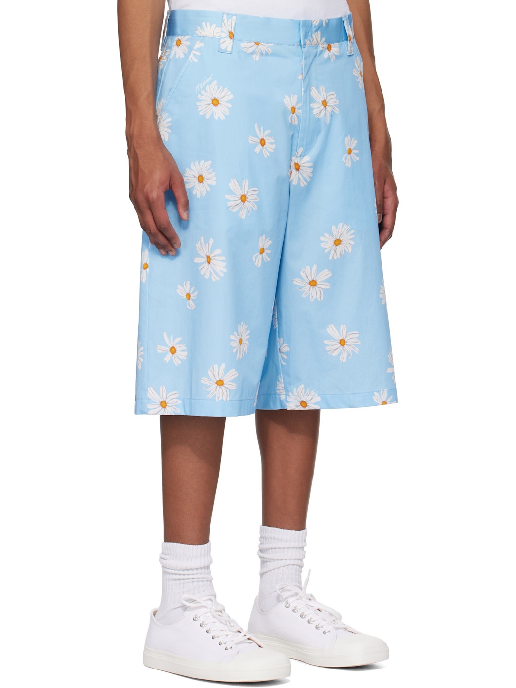 Blue Satin Bermuda Allover Daisy Shorts - 2