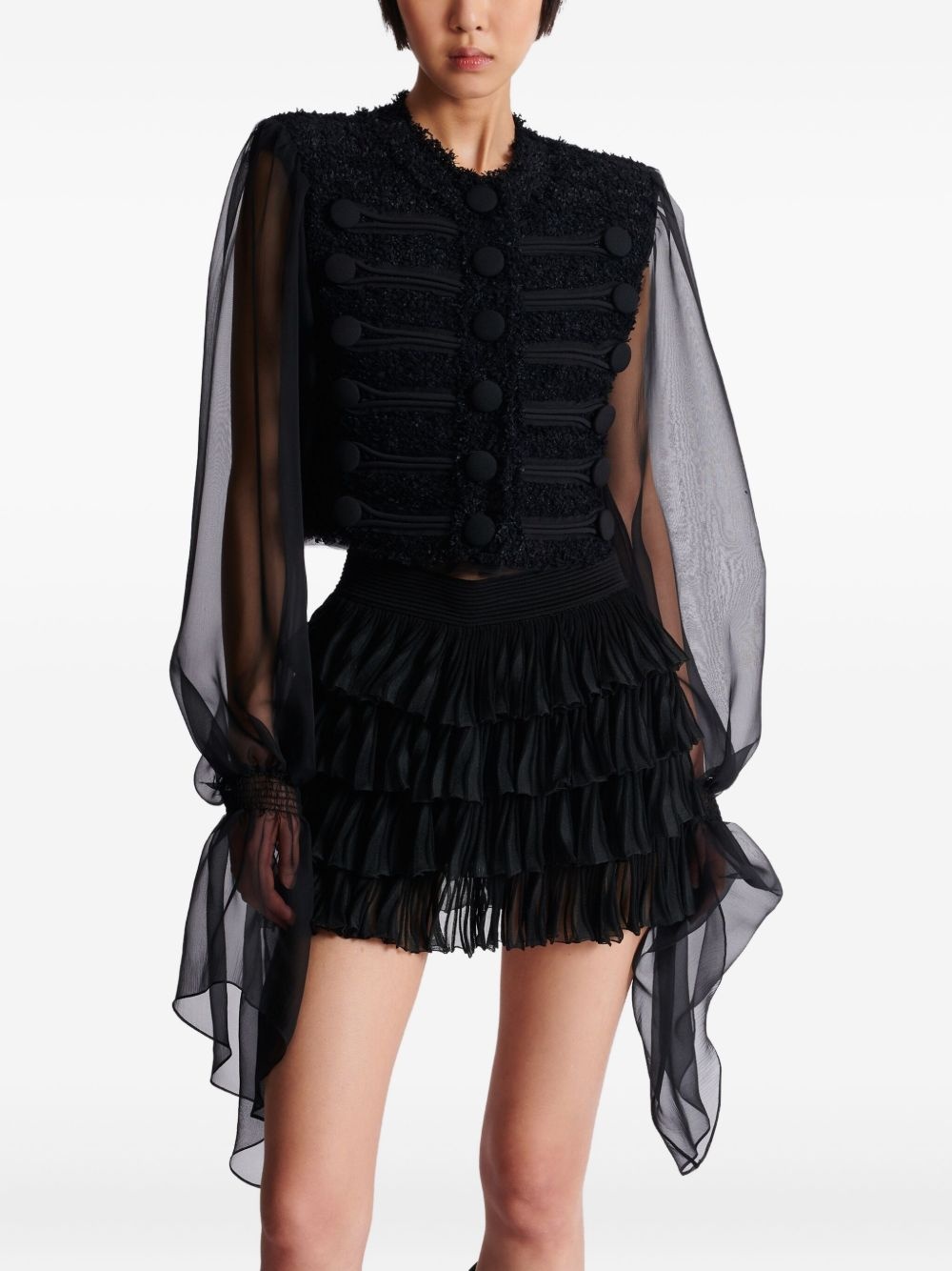 chiffon-sleeve tweed jacket - 3