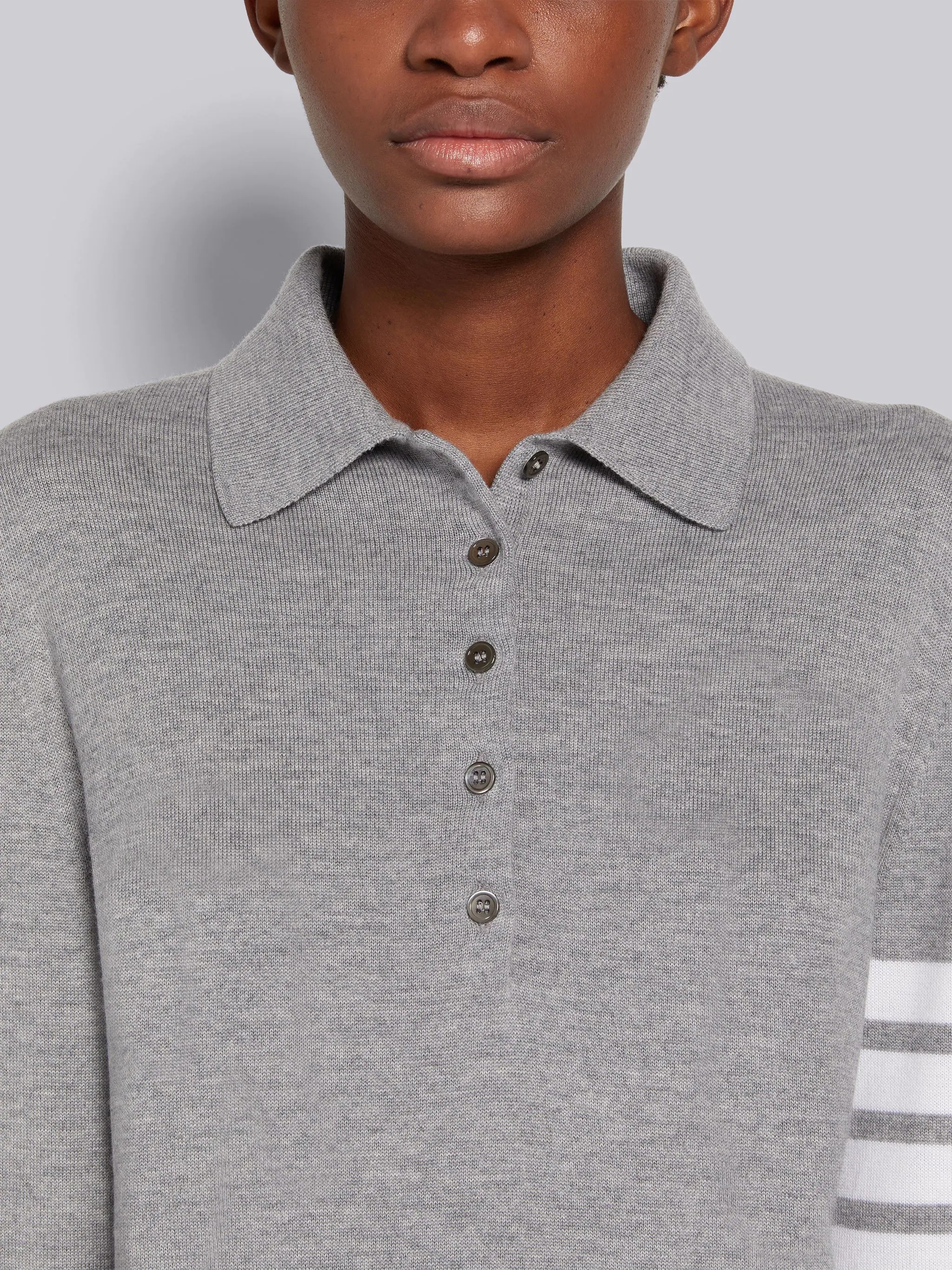 Light Grey Fine Merino Wool 4-Bar Mrs. Thom Intarsia Long Sleeve Mini Polo Dress - 4