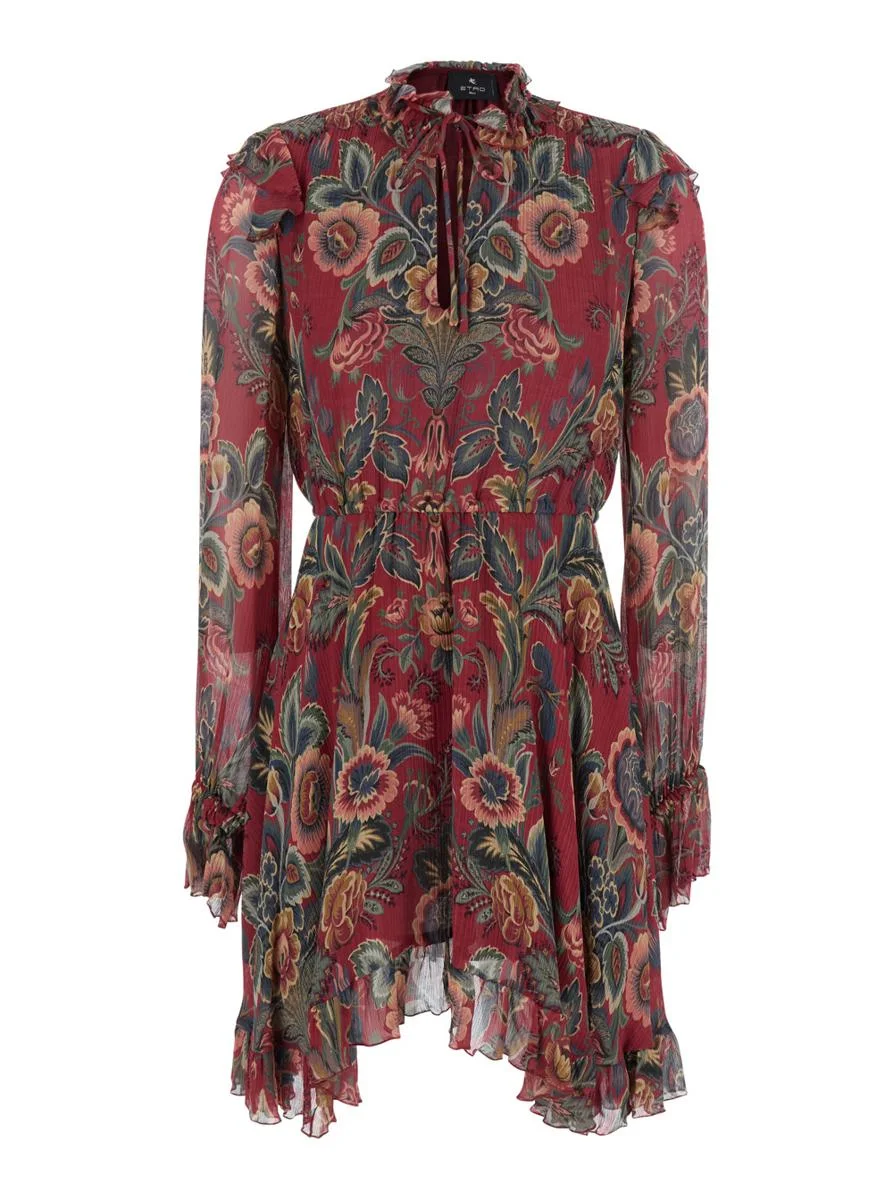 Etro Red Ruched Mini Dress With All-Over Floral Print In Viscose Blend Woman - 1