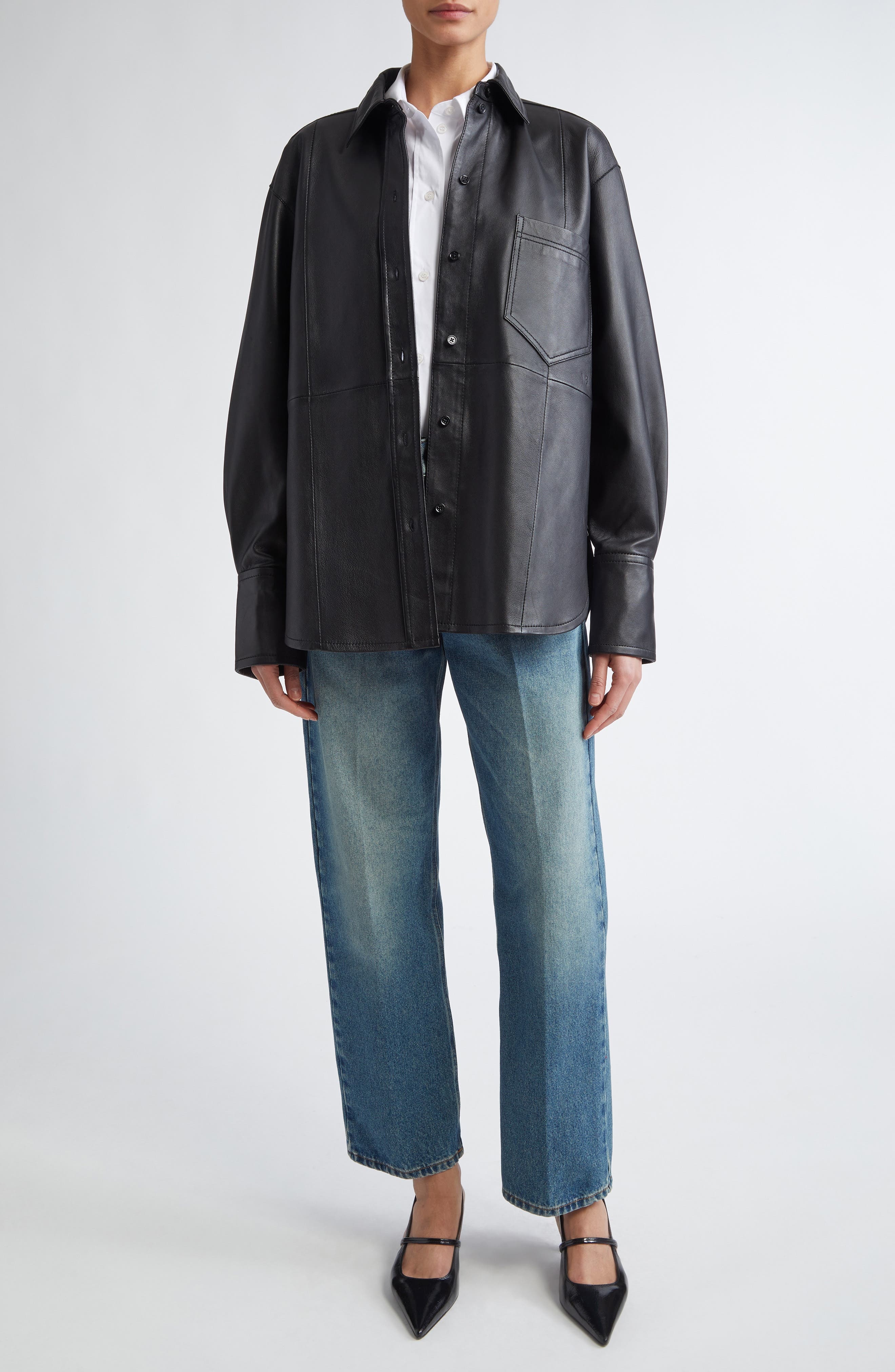 Victoria Beckham Oversize Leather Button-Up Shirt in Black at Nordstrom - 2