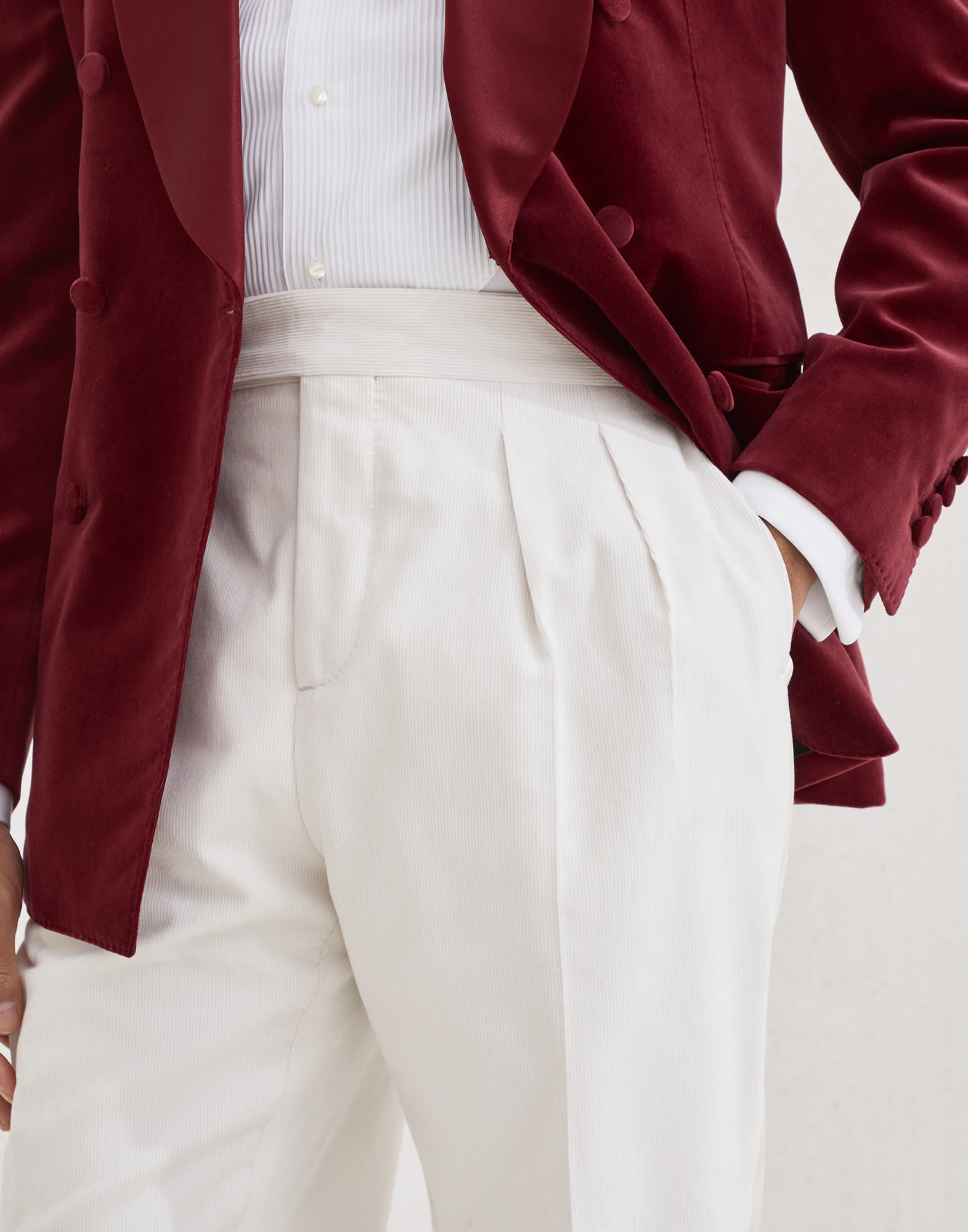 Sea Island cotton narrow wale corduroy tuxedo trousers with double pleats and waist tabs - 3