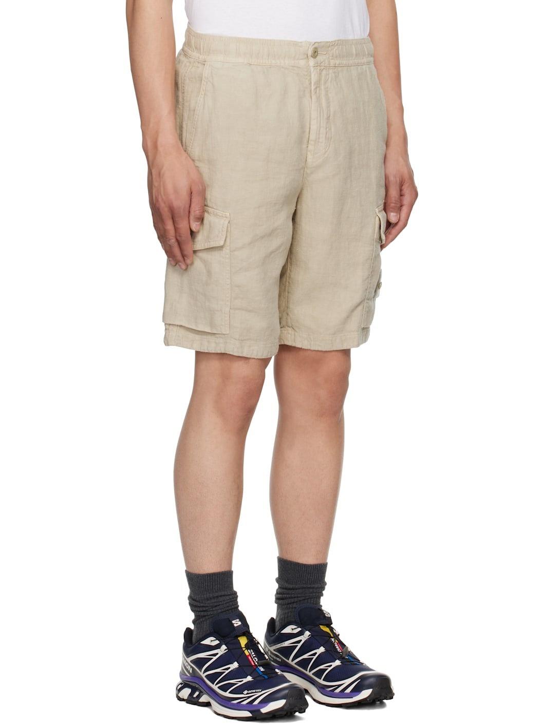 Beige Diagonal Linen Shorts - 2