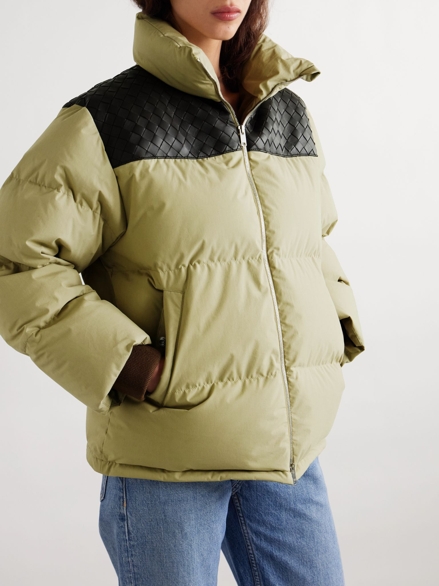 Quilted intrecciato leather-trimmed padded cotton-shell down jacket Green - 3