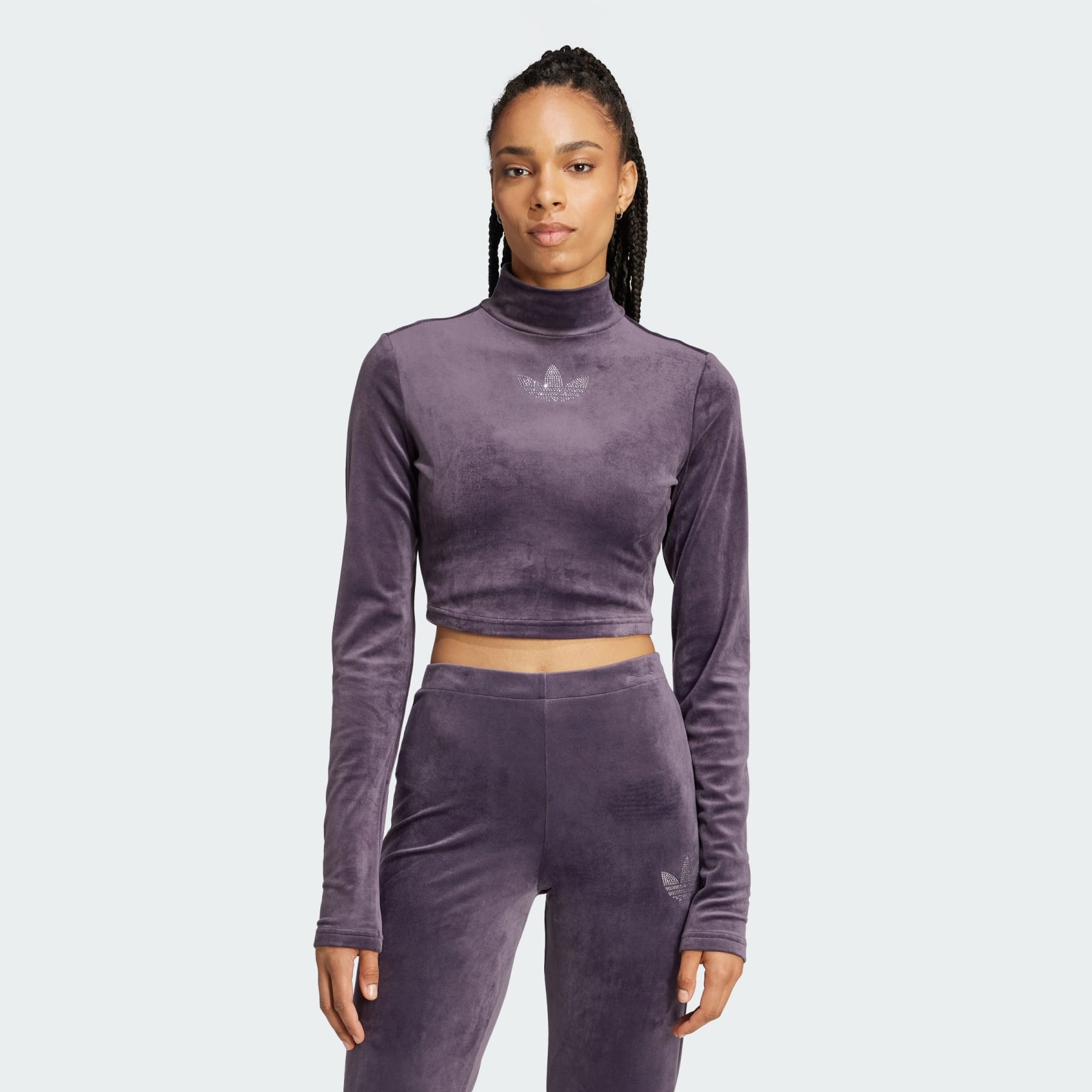 Long Sleeve Rhinestone Trefoil Velvet Crop Top - 2