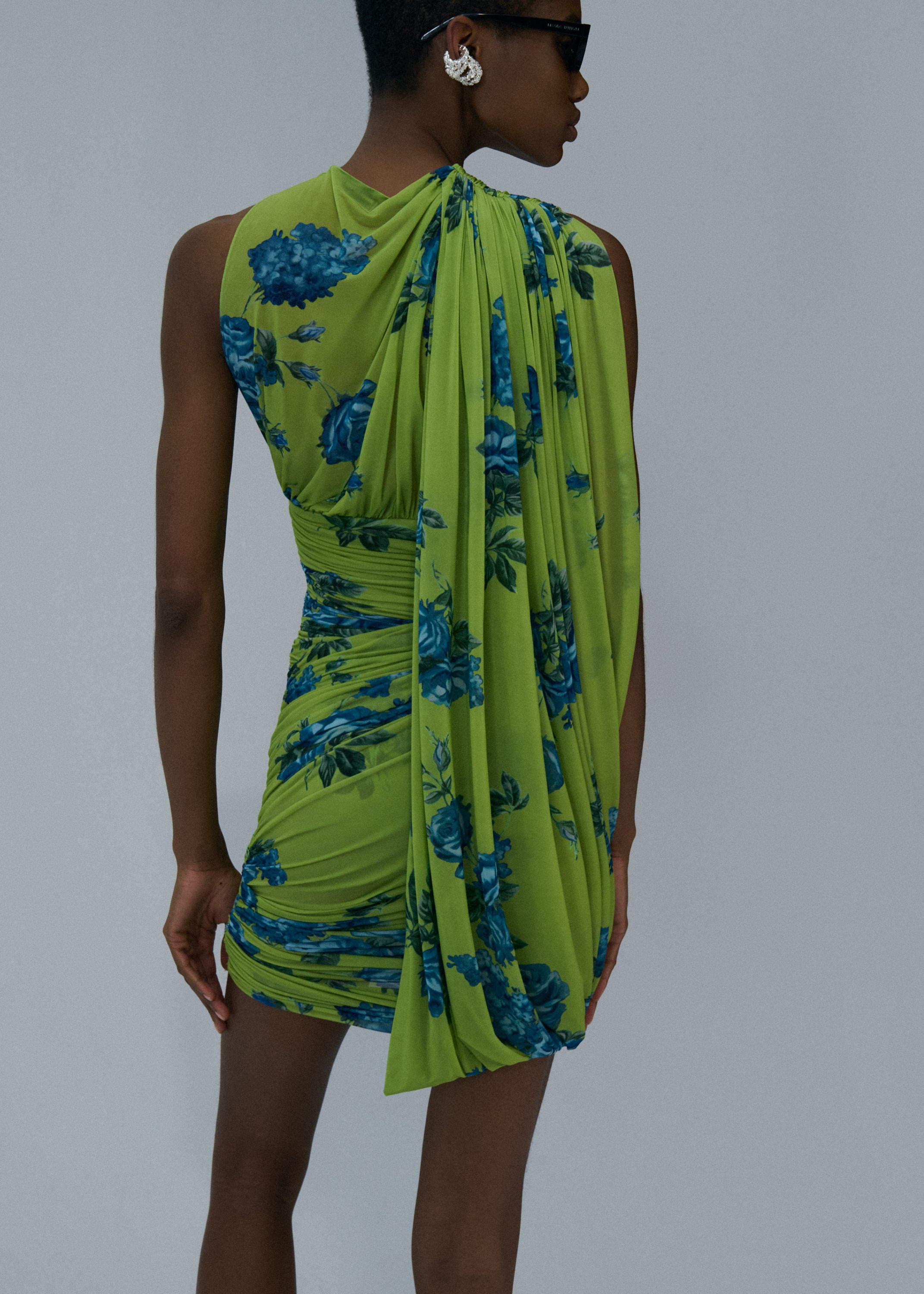 Sheer draped mini dress in green print - 4