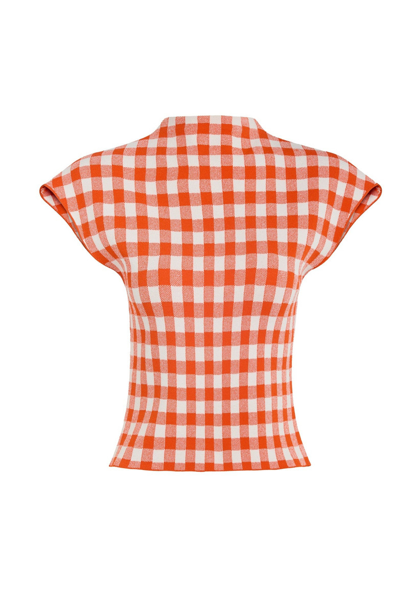 KNITTED SLEEVELESS TOP RED WHITE GINGHAM 7