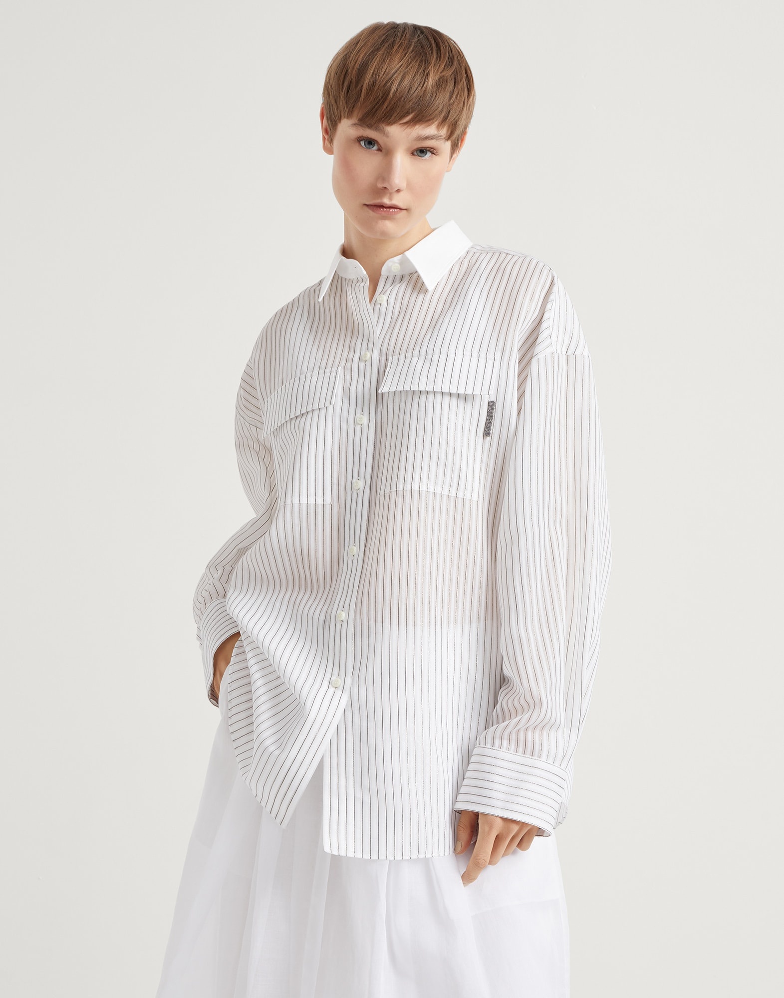 Cotton and silk sparkling stripe organza shirt with shiny tab - 1