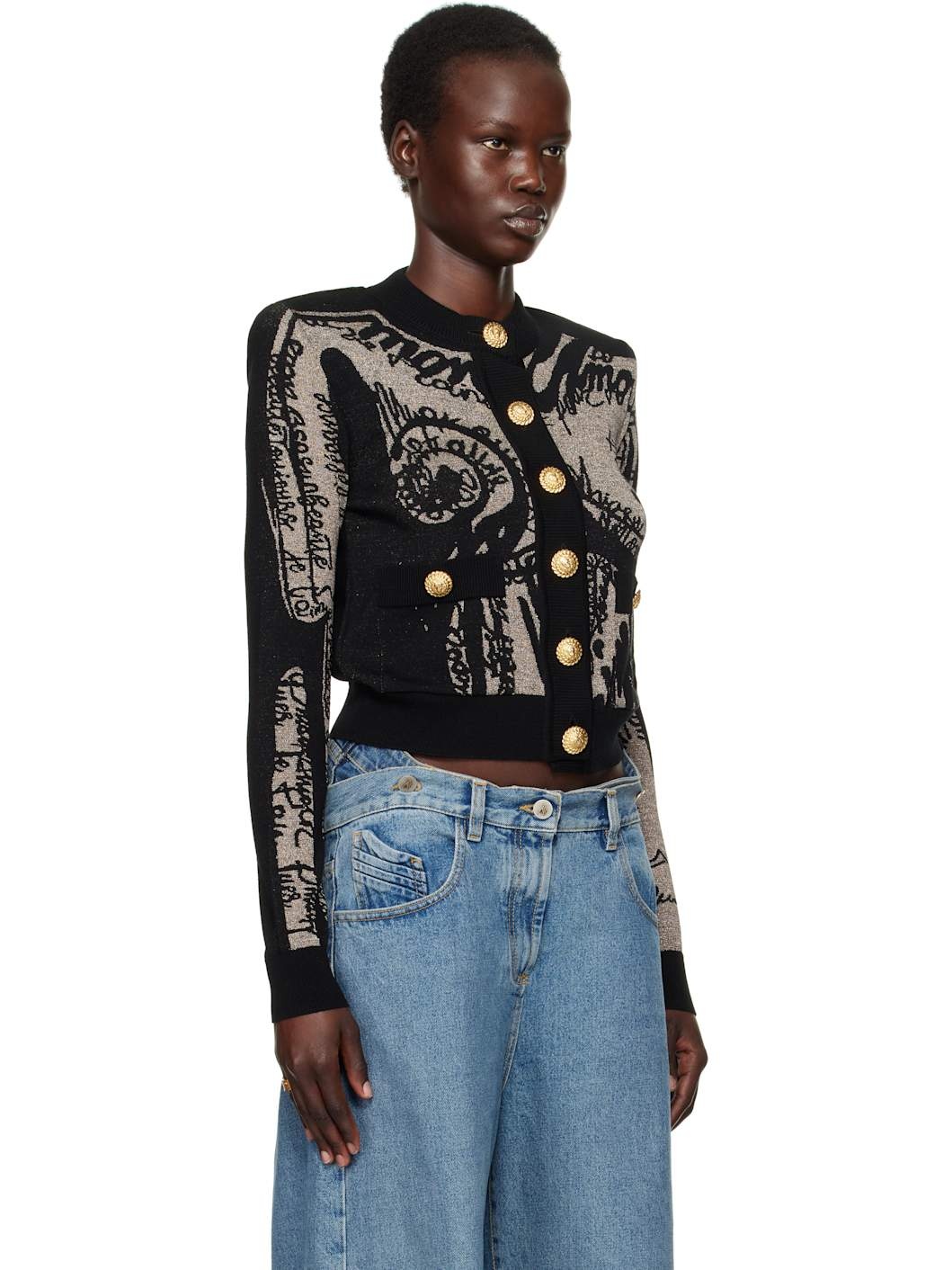Black Jacquard Knit Body Motif Cardigan - 2