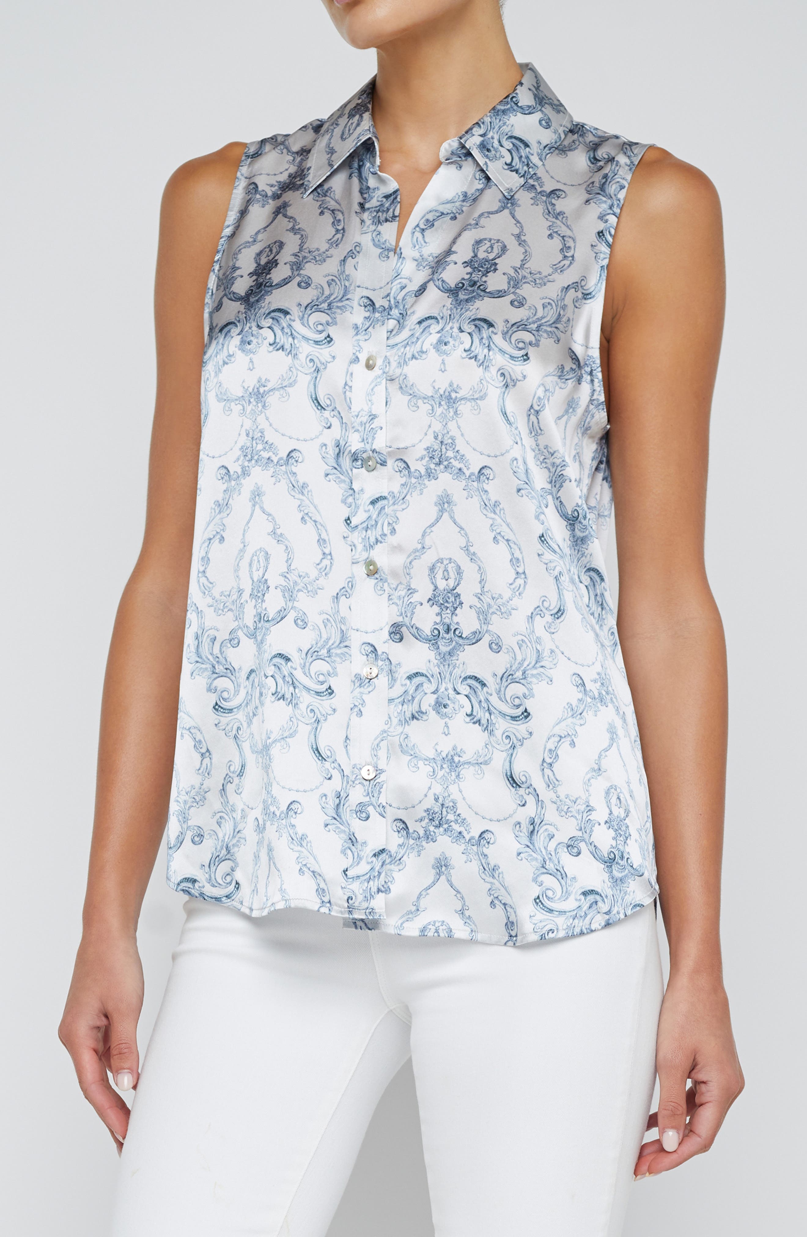 L'AGENCE Emmy Sleeveless Silk Shirt in White Blue Scroll Toile at Nordstrom - 3
