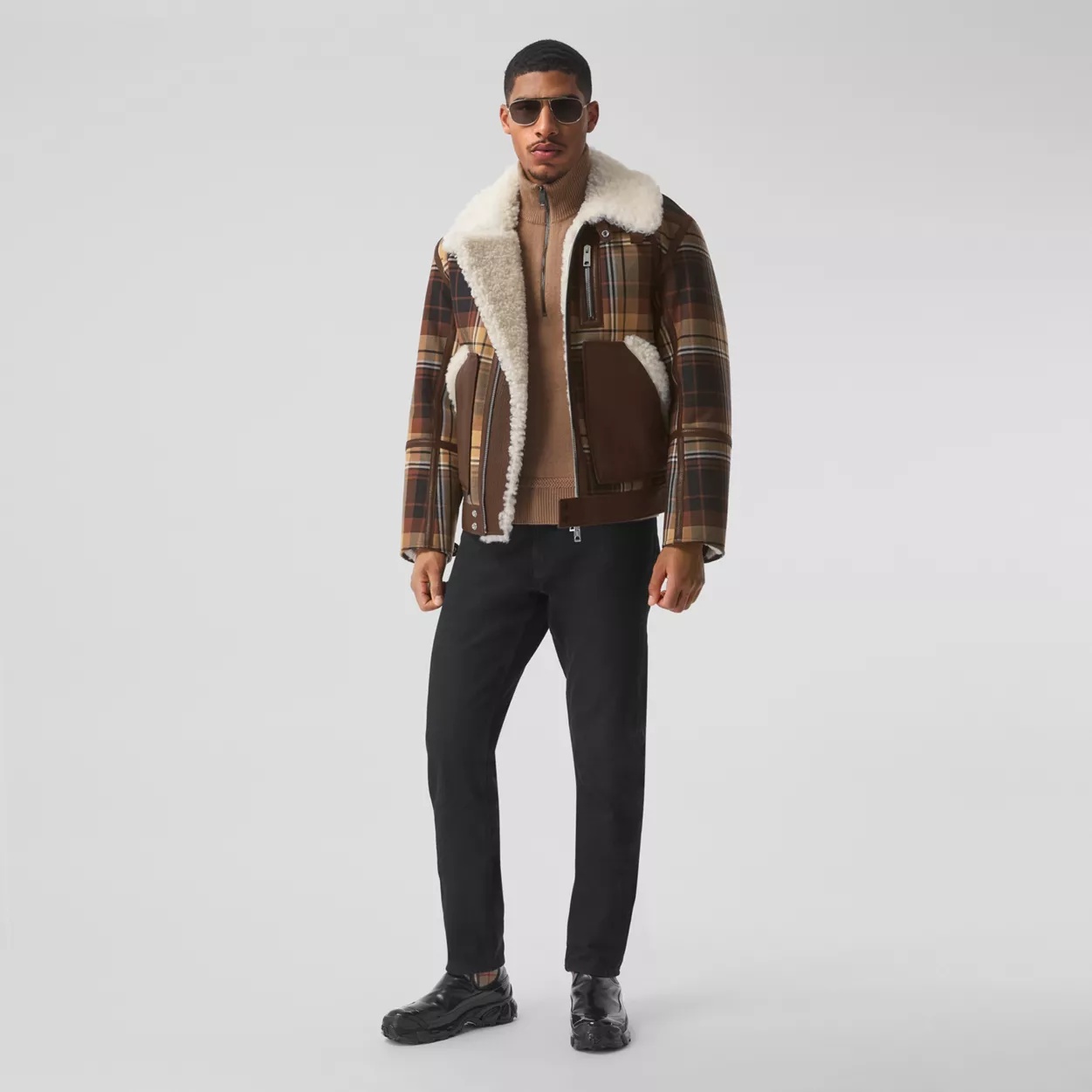 Leather Trim Check Wool and Shearling Flight Jacket - 2