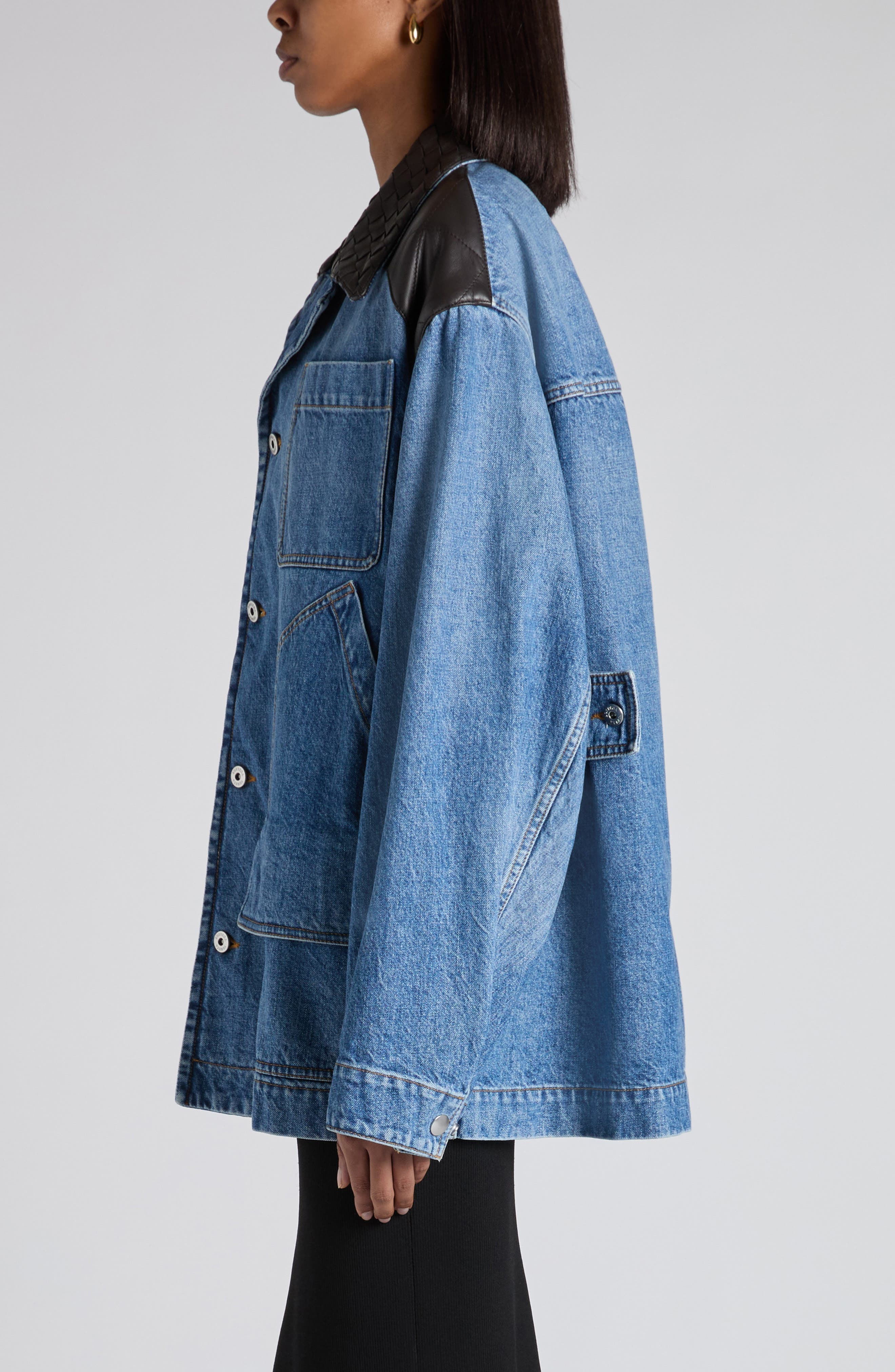 Bottega Veneta Intrecciato Collar Oversize Indigo Denim Jacket in Mid Blue at Nordstrom - 4