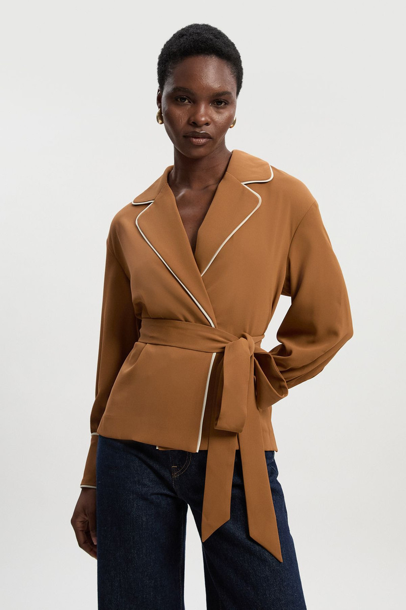 Contrast Tipping Tie Waist Woven Trench Jacket 1