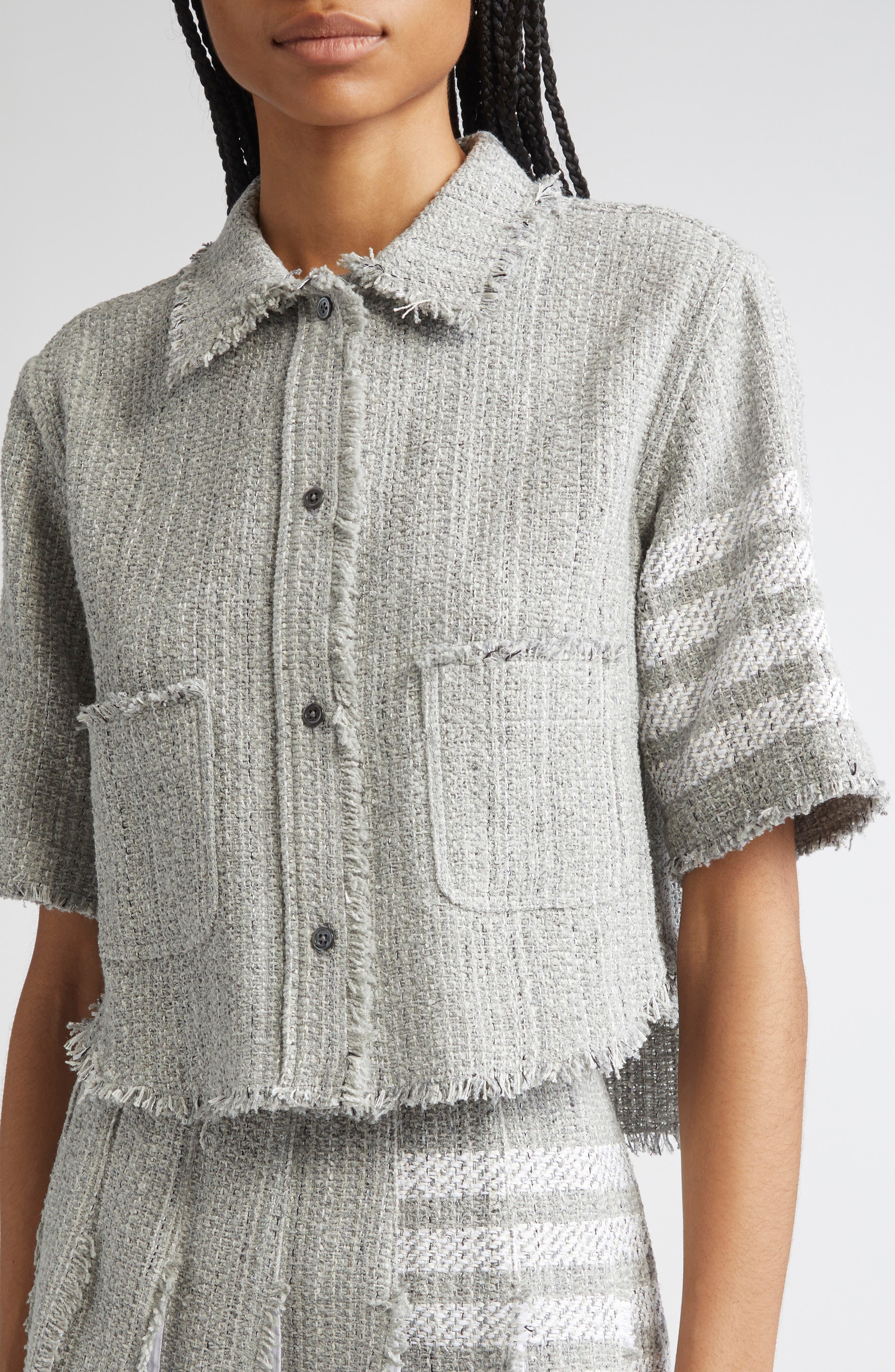 Thom Browne 4-Bar Short Sleeve Eyelash Tweed Crop Shirt Jacket in Medium Grey at Nordstrom - 5